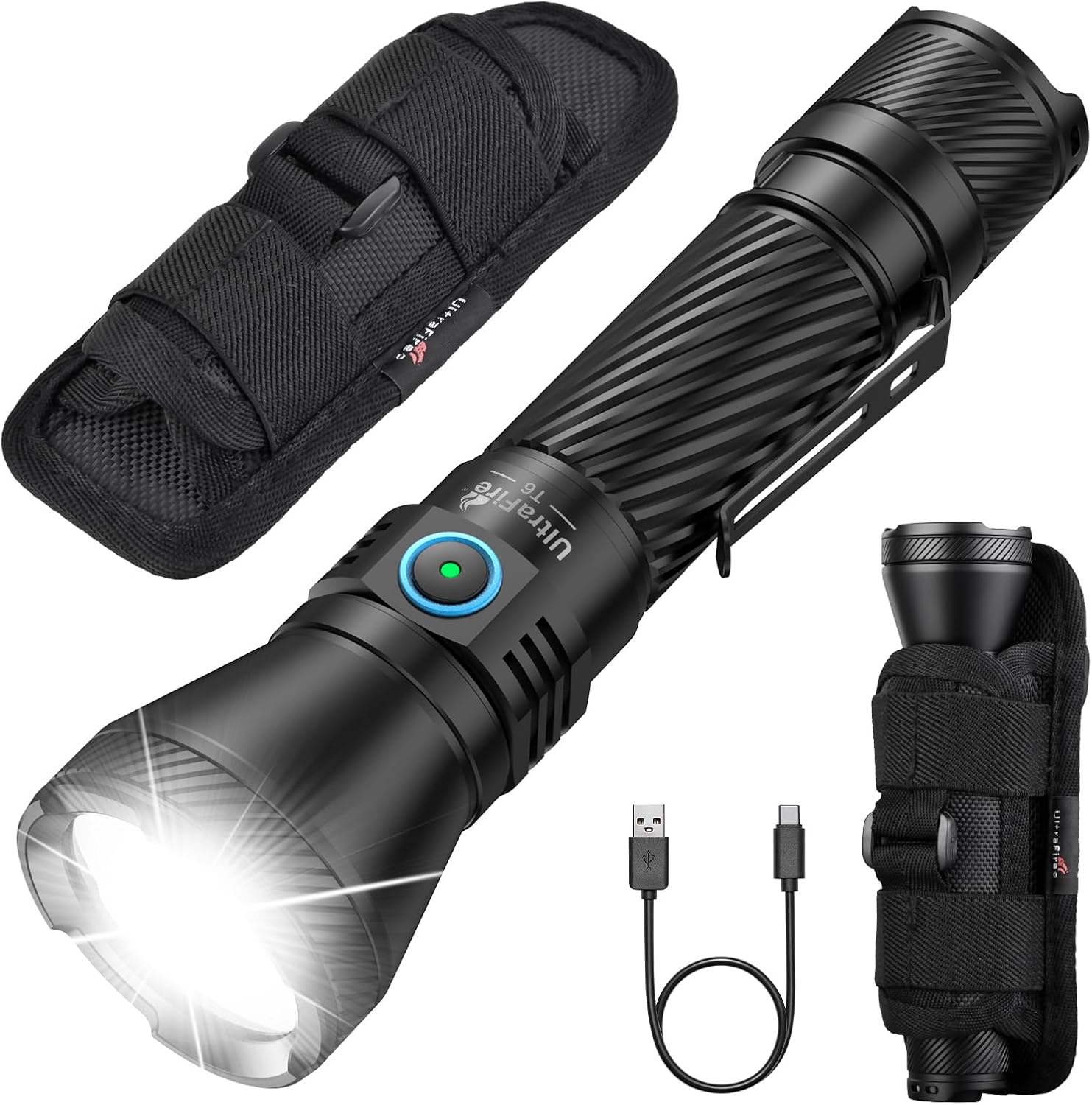 ULTRAFIRE Police Tactical Flashlight with Holster, 1800 High Lumens Rechargeable LED Flashlight, Super Bright Powerful Duty Flashlights with Long Range for Camping Emergencies