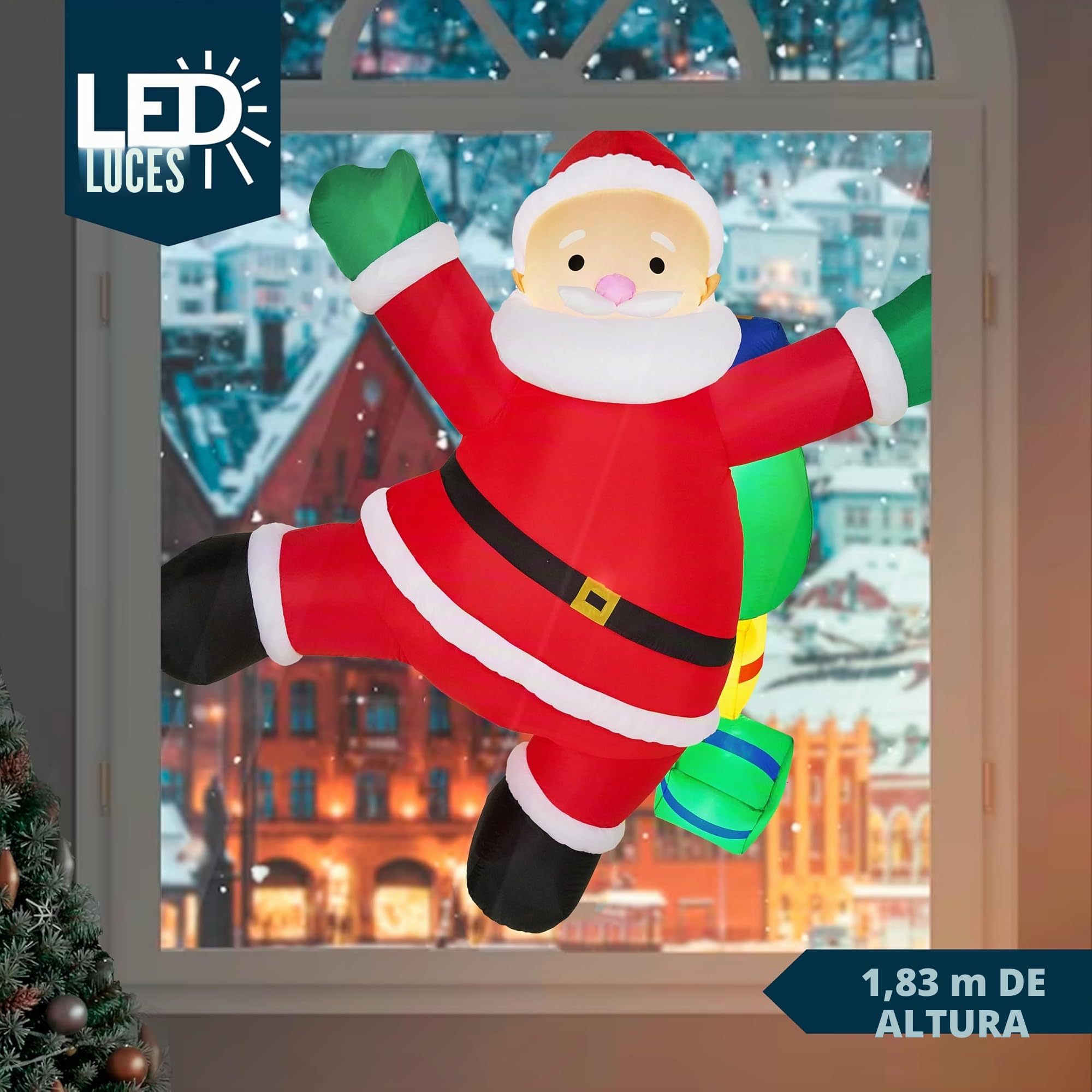JOIEDOMI Papá Noel Inflable de Navidad de 6 pies de Alto con Bolsas de Regalo, Papá Noel Inflable para Colgar en Exteriores con Luces LED integradas para decoración de Fiestas navideñas
