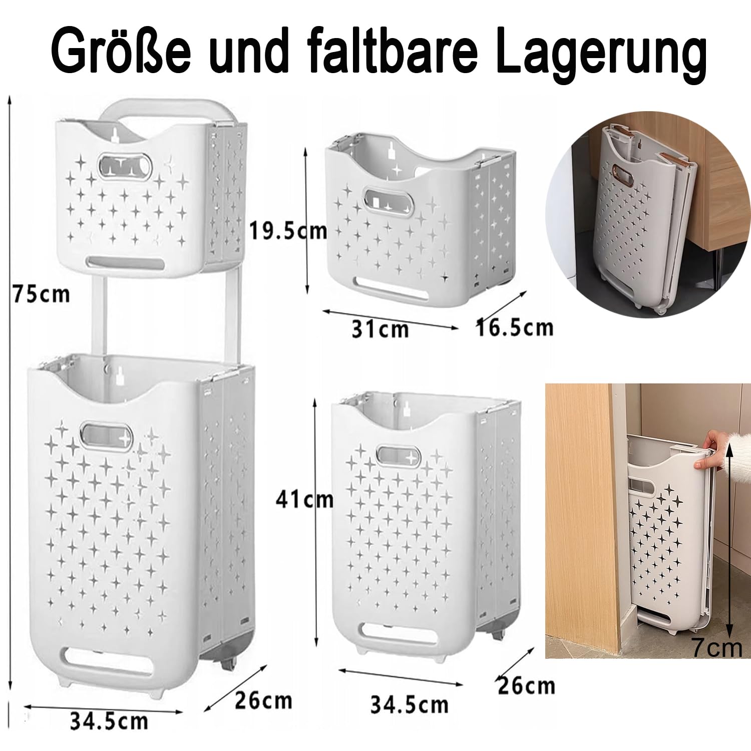 Hooha Faltbarer Wäschekorb Auf Rollen 2 Fächer Wäschekorb Plastik 77 Liter Wäschewagen für Schmutzwäsche/Spielzeug/Reinigungsmittel Aufbewahrung 34.5cm X 26cm X 75cm Storage Basket 2er Set
