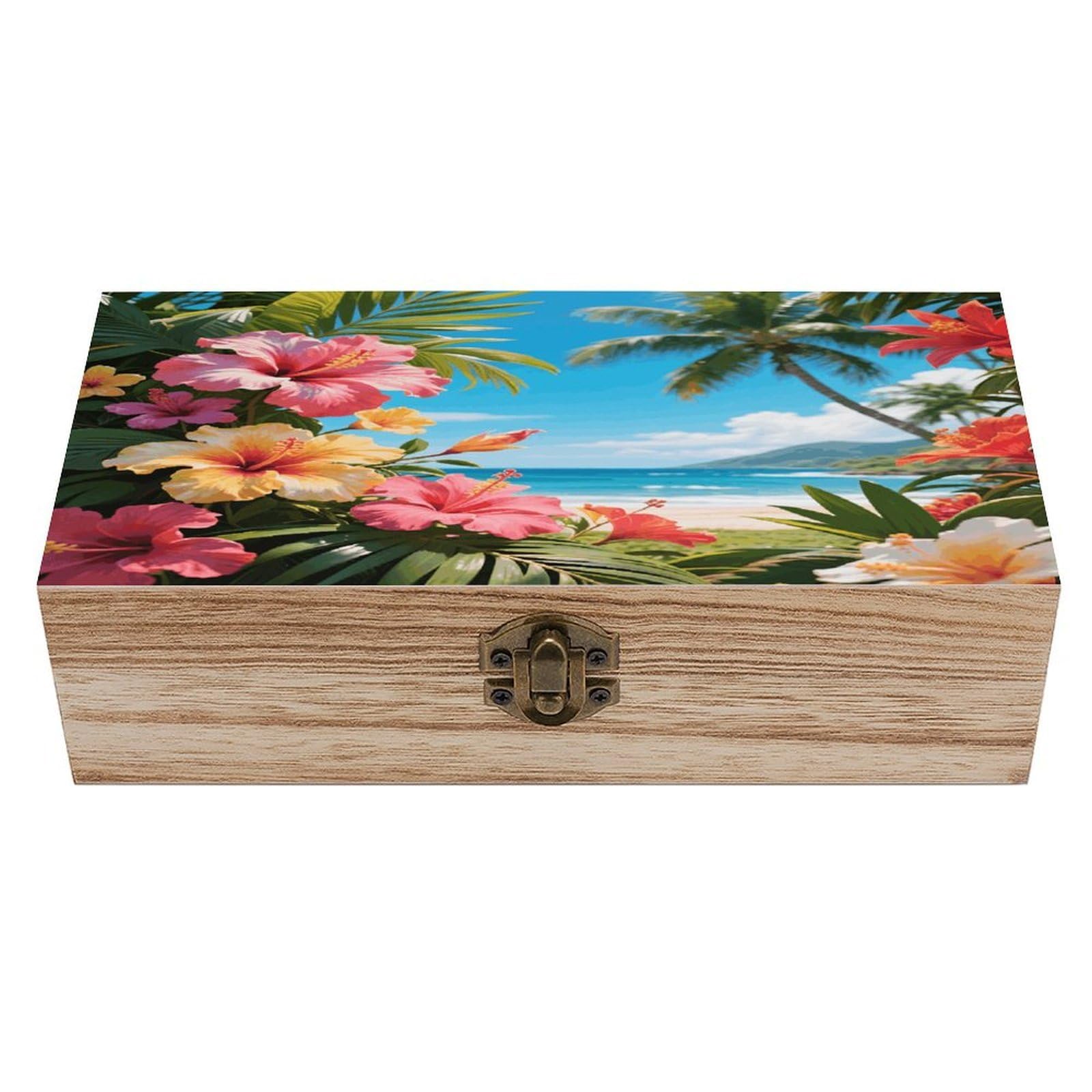 VstaDank Hawaii Floral Tropic Wooden Storage Box Vintage Style Wooden Storage Case with A Hinged Lid Memory Treasure Boxes Decorative Jewelny Photos for Organizer 7.9 * 3.7 * 2.3 Inch