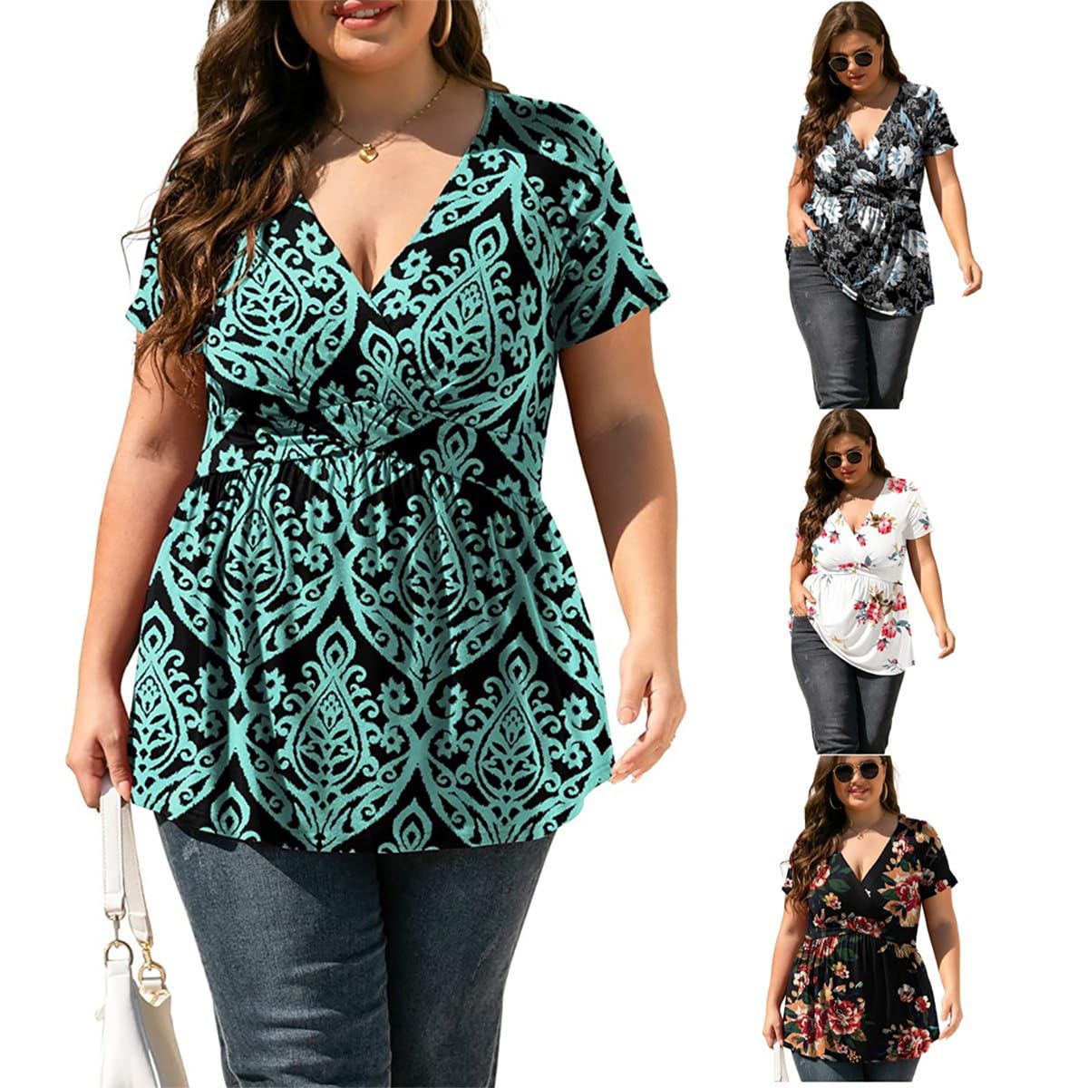 LIAMERHE Camiseta Manga Corta Mujer Verano Talla Grande Moda Camisa Blusa Cuello en V Tops Casual T-Shirt Elegantes