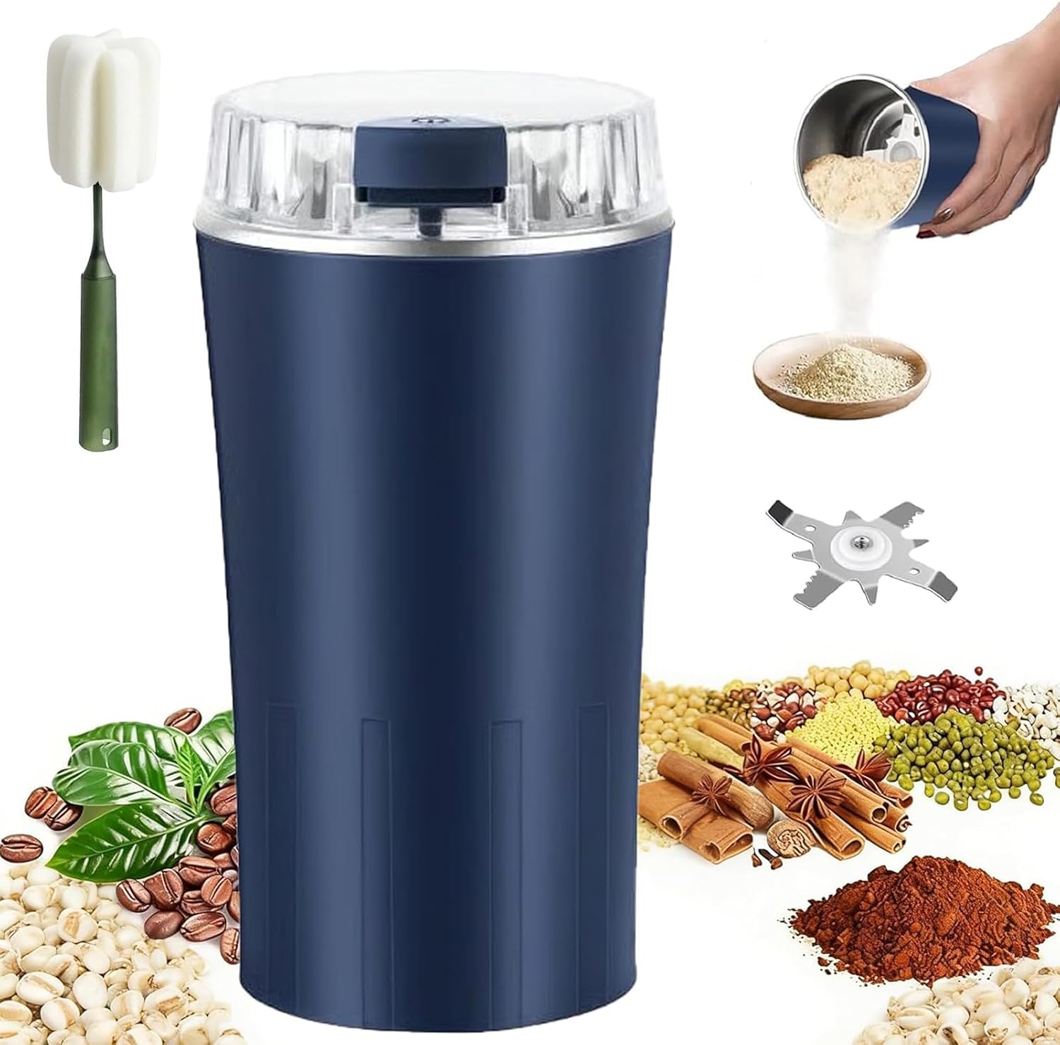 Household Superfine Grinder - Multi-Grain Blending & Powdering Machine, One Touch Grinder Electric, High-Speed Household Grain Mill Stainless Steel Blade for Bean, Seasoning, Nut, and Seed (Blue*2)