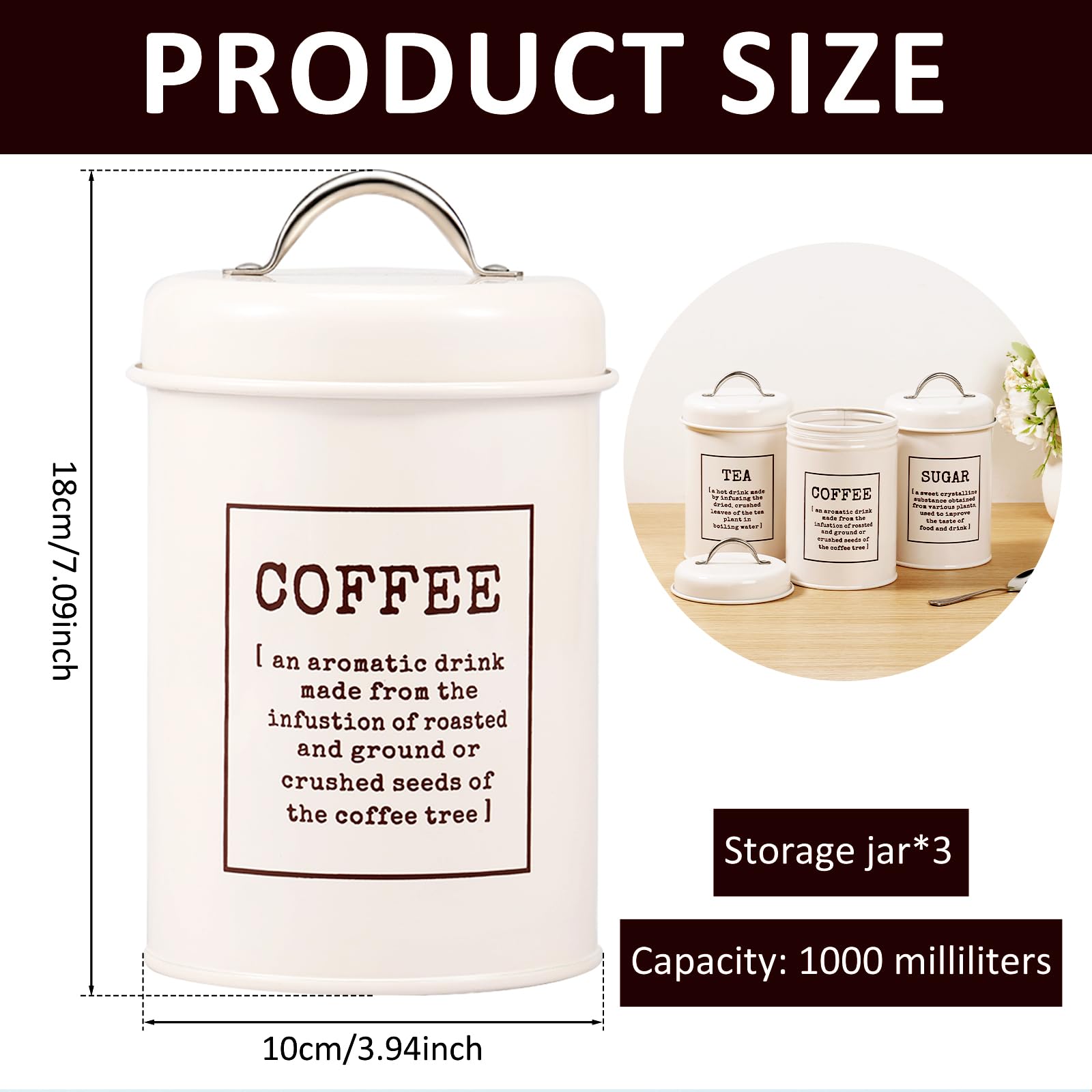 Set Barattoli Per Tè, Caffè E Zucchero - 3 Barattoli In Metallo Bianco Con Coperchi In Legno, Ermetici