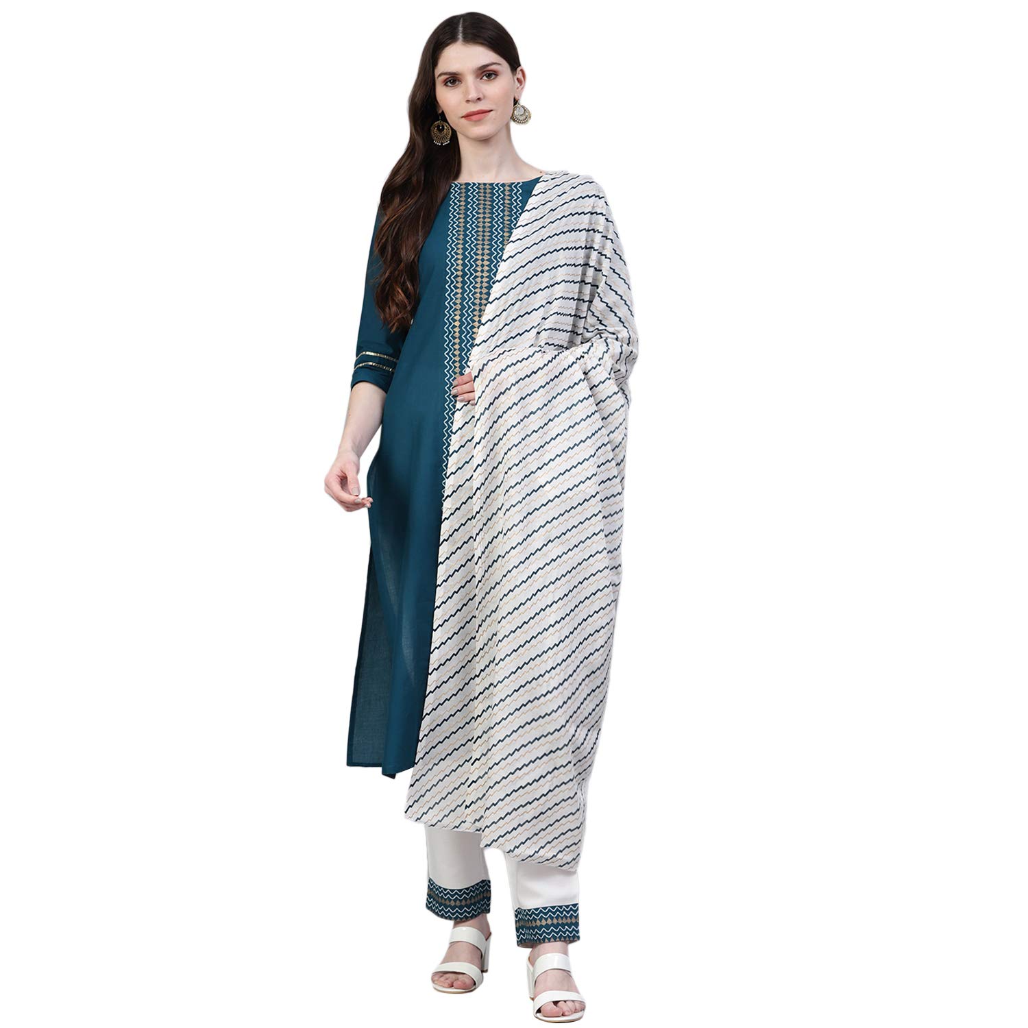 Stylum Women's Plus Size Cotton Printed Straight Kurta Pant Dupatta Set (01F-Tealbluekpd42_Teal Blue, Xl)