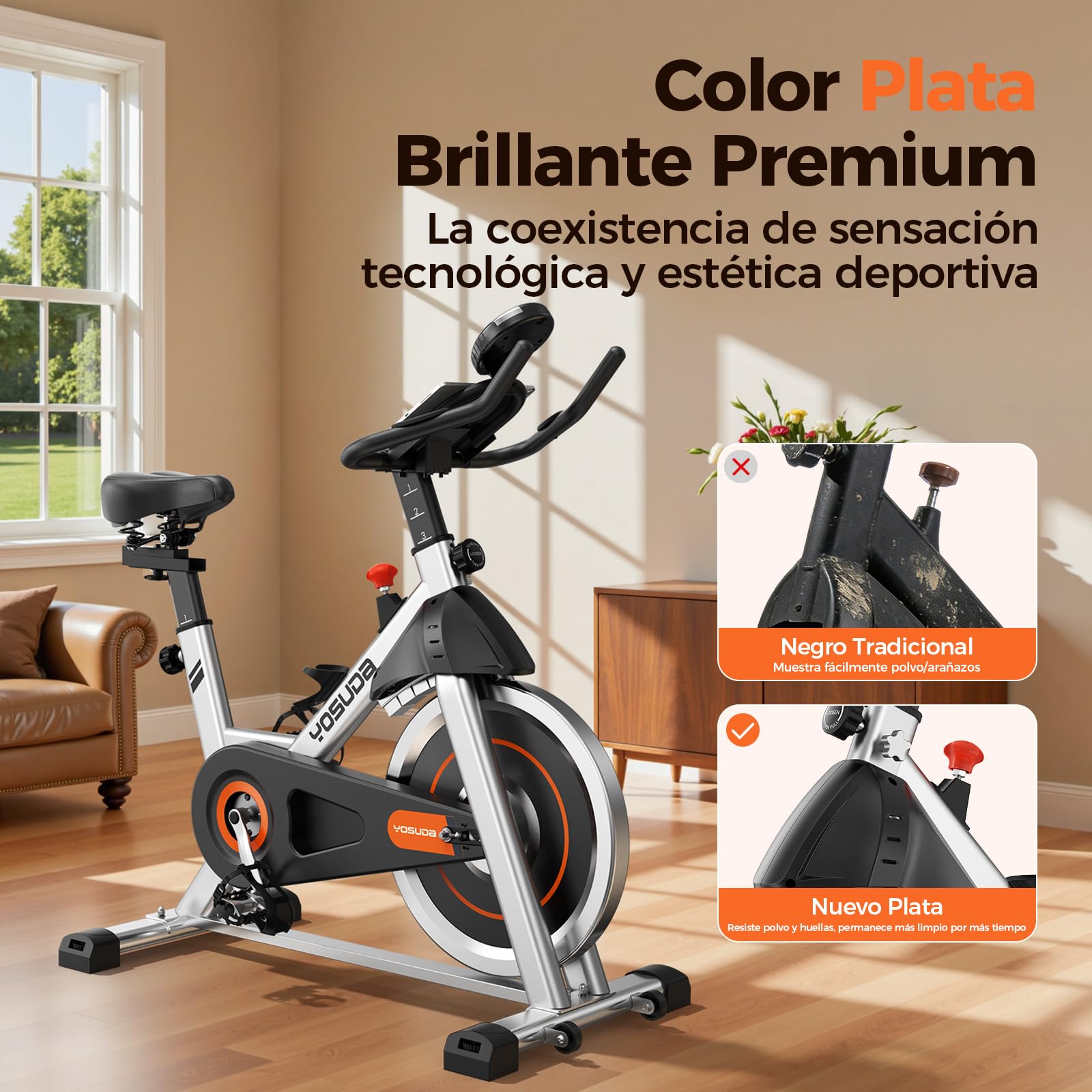 YOSUDA Bicicleta Estática con Resistencia Magnética Silenciosa, Bicicleta de Spinning con Monitor de LCD y Pulsómetro, Soporte para Tablet, App Exclusiva, Carga Máxima 136 kg (Silber)