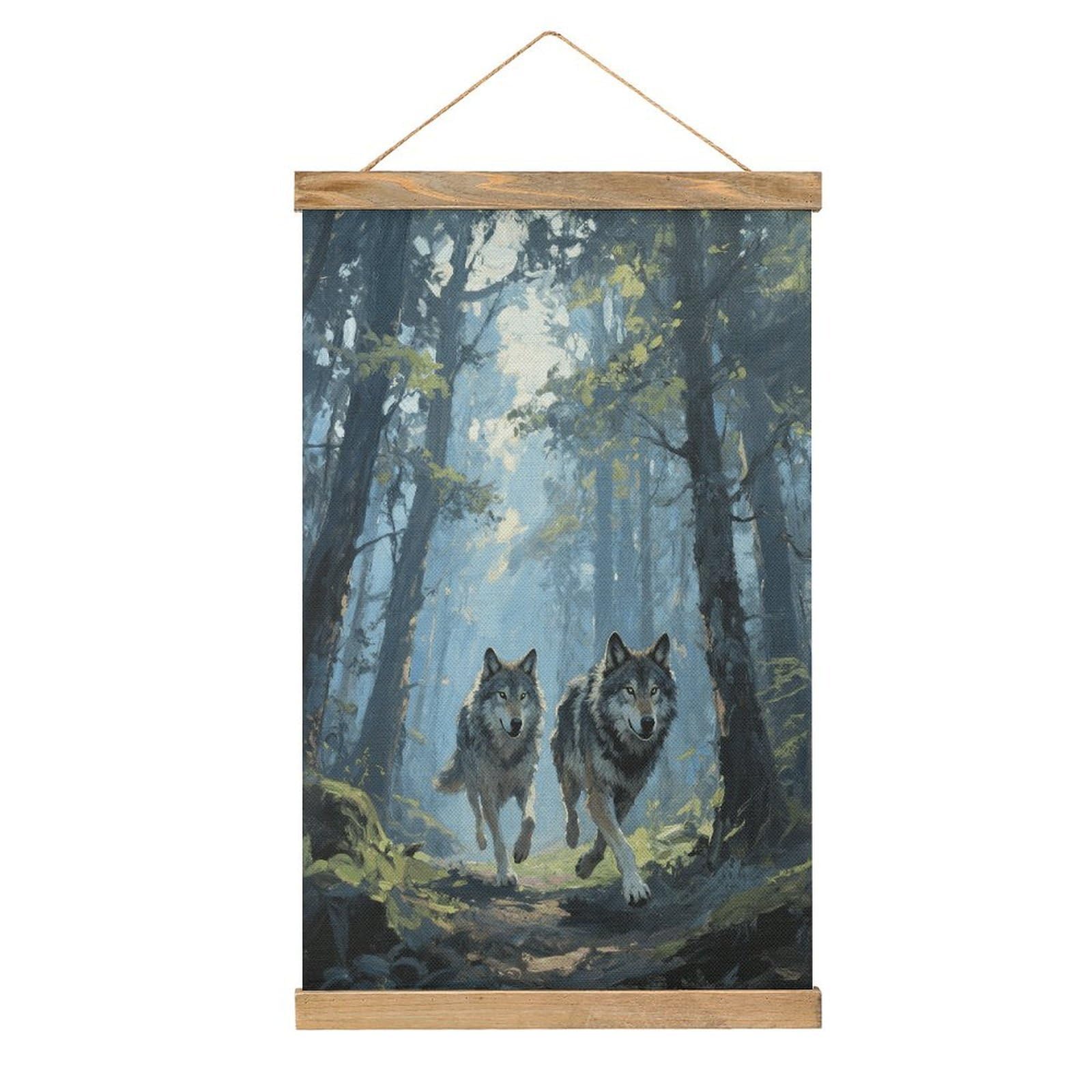 VstaDank Wolf Forest Hanging Poster with Wooden Frame Modern Linen Hanging Painting Retro Style Wall Decor Art Painting for Living Room,Bedroom Decor Poster Frame 20.4x13.1inch