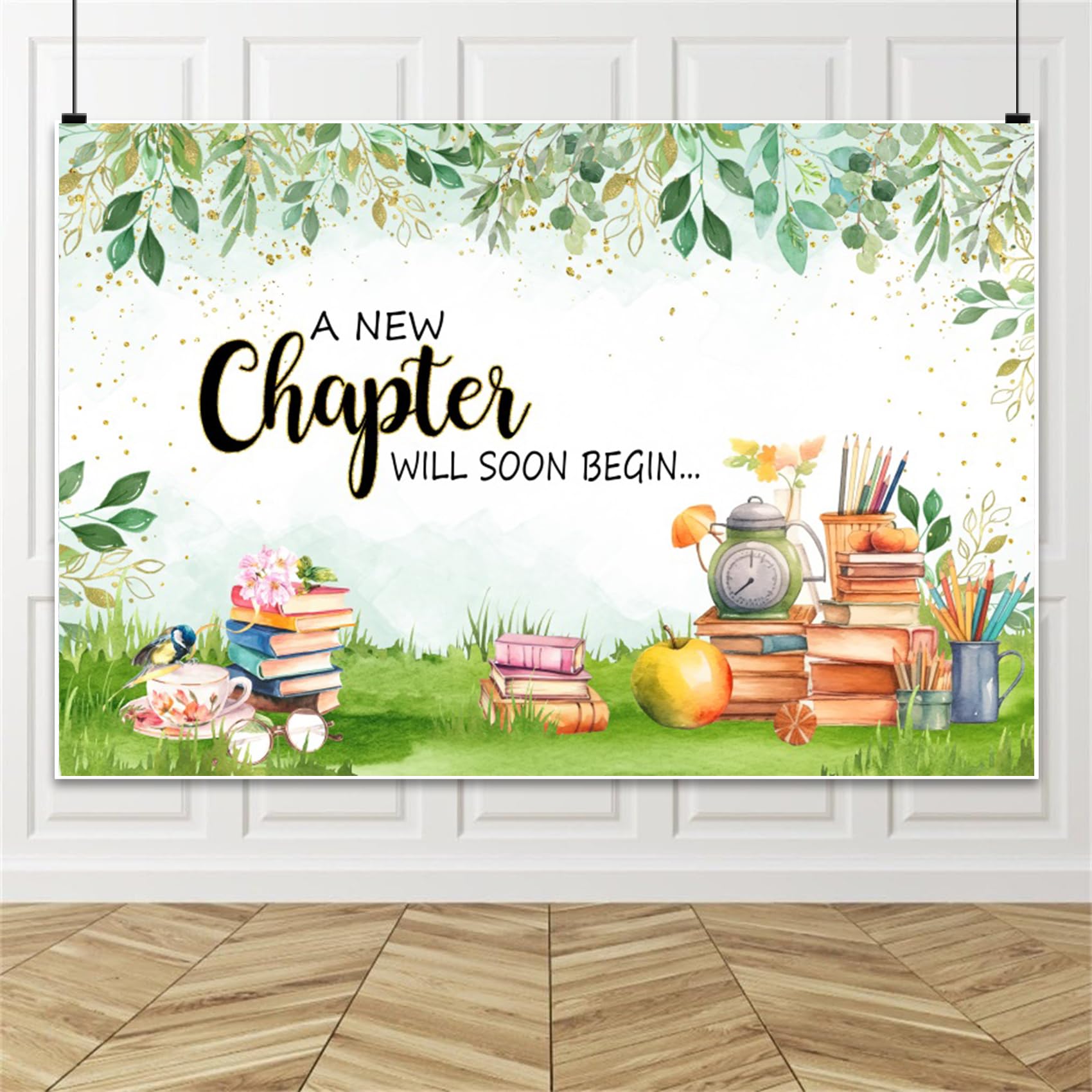 Renaiss 8x6ft New Chapter Will Soon Begin Backdrop Green Foliage Pencils Books Tea Cups Fairytale Background Bridal Baby Shower Retirement House Warming Farewell Party Decors Back to School Banner