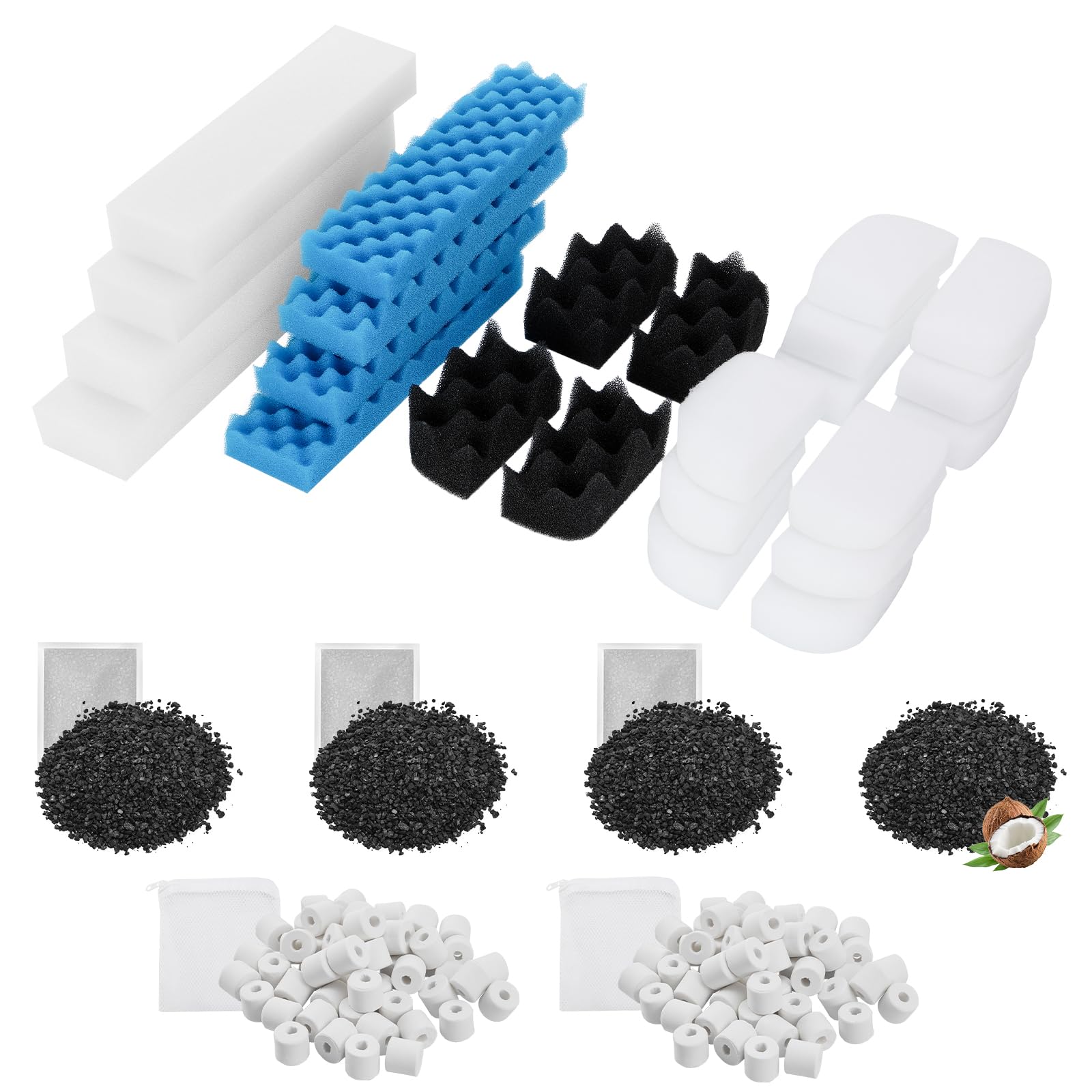 PROUDSCREW 30 Pack Replacement Filter Media Kit Compatible with Fluval 306/307 Aquarium Filters, Including Bio Ceramic Rings, Activated Carbon, Blue, White & Black Bio Foam Value Pack