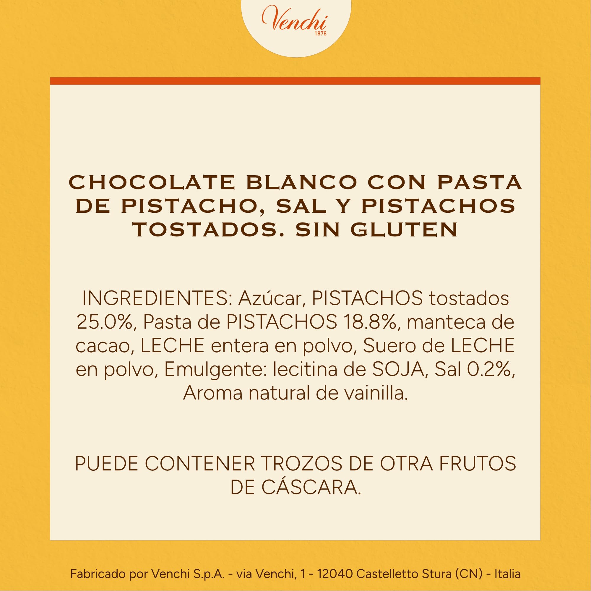 Venchi Tableta de Chocolate Pistacho Gourmet 95 g Sin Gluten