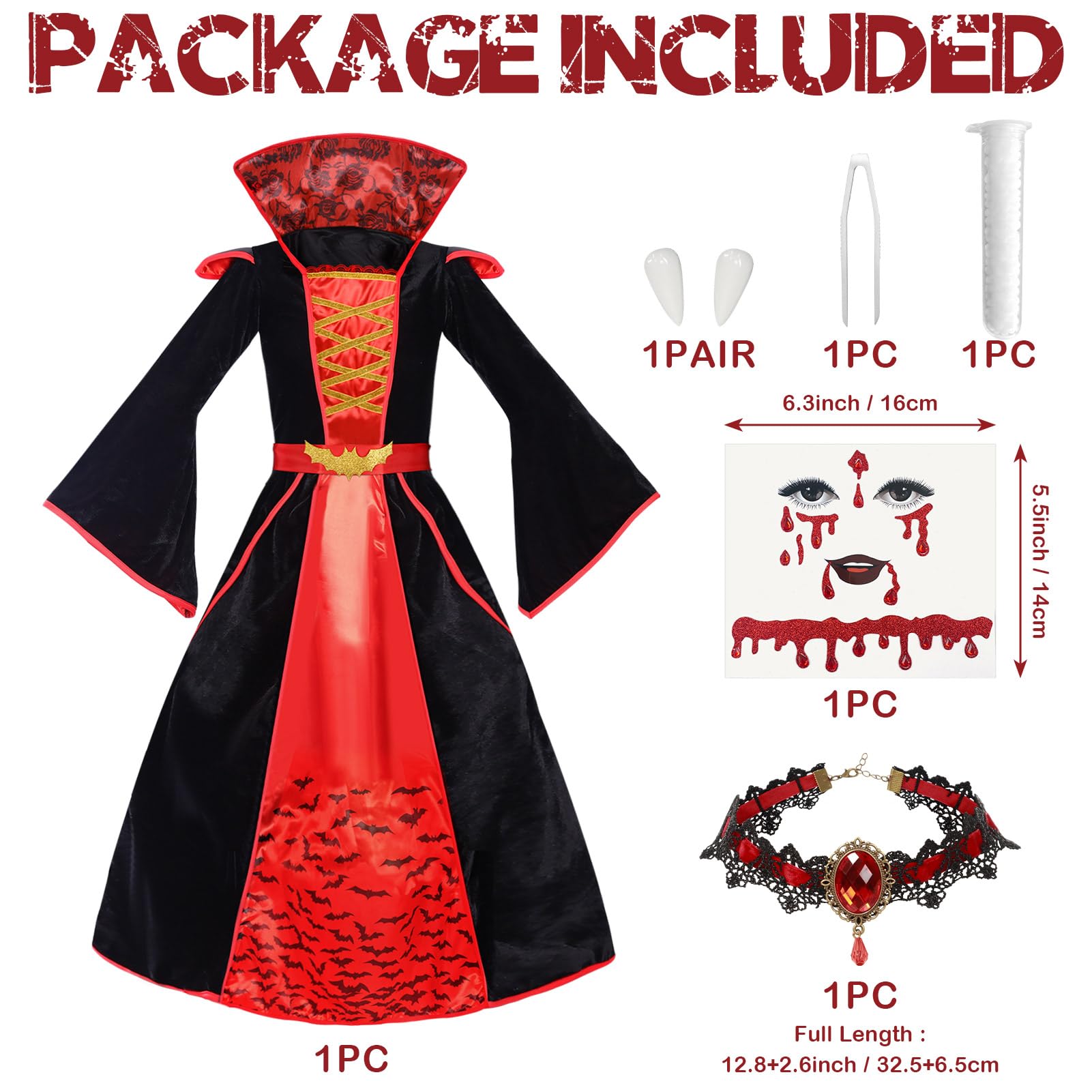 Suffolly Vampire Costume Kids 4pcs Royal Vampire Outfit with Dress Necklace Sticker Dentures Gothic Vampire Queen Costume Fancy Dress Halloween Costumes for Kids (Style B - Image 2