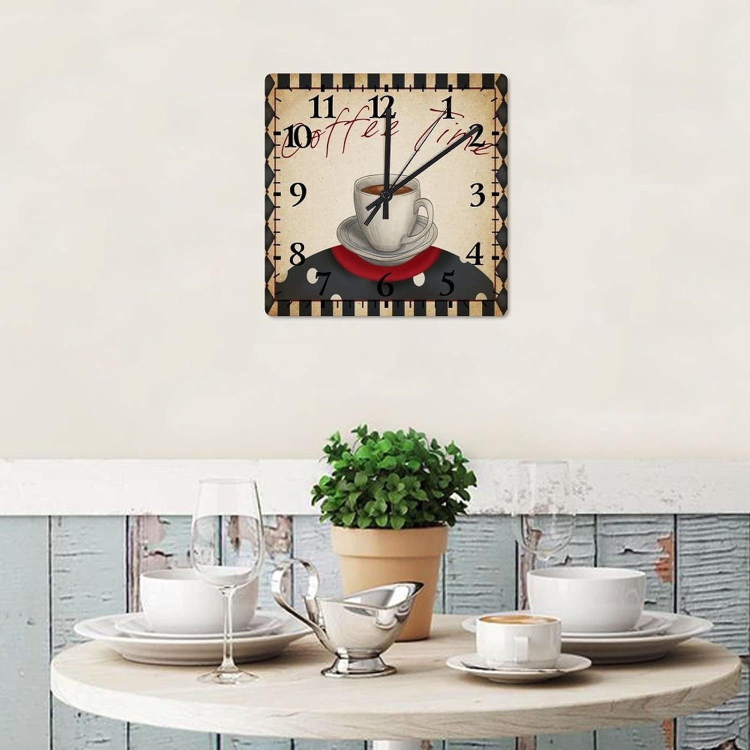 Coffee Time Clock Wall 12 Inch, Coffee Bar Bed Room Asserories Battery Operated Quartz Quiet Square Arabic Numeral Clock for Dining Room Decor