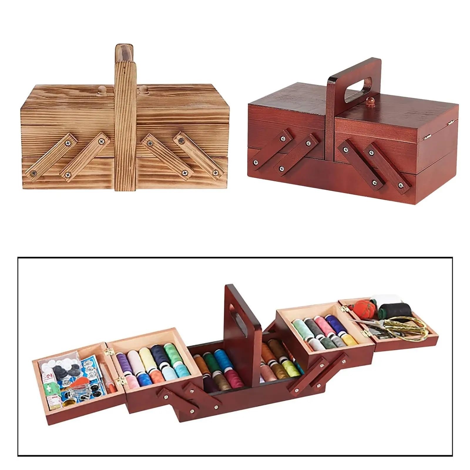 Accesorios y Bolso de Crochet Mochila Caja de costura plegable de madera con compartimentos, Kit de costura for tijeras y agujas, organizador de cesta for coser, cajas de joyería, suministros de costu