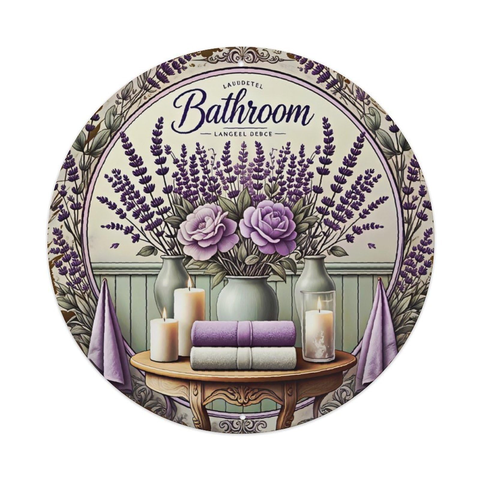 French Vintage Lavender Bathroom Round Decorative Sign Vintage Aluminium Metal Sign, Retro Wall Decor for Home, Bar, Garage & Farmhouse 20x20cm