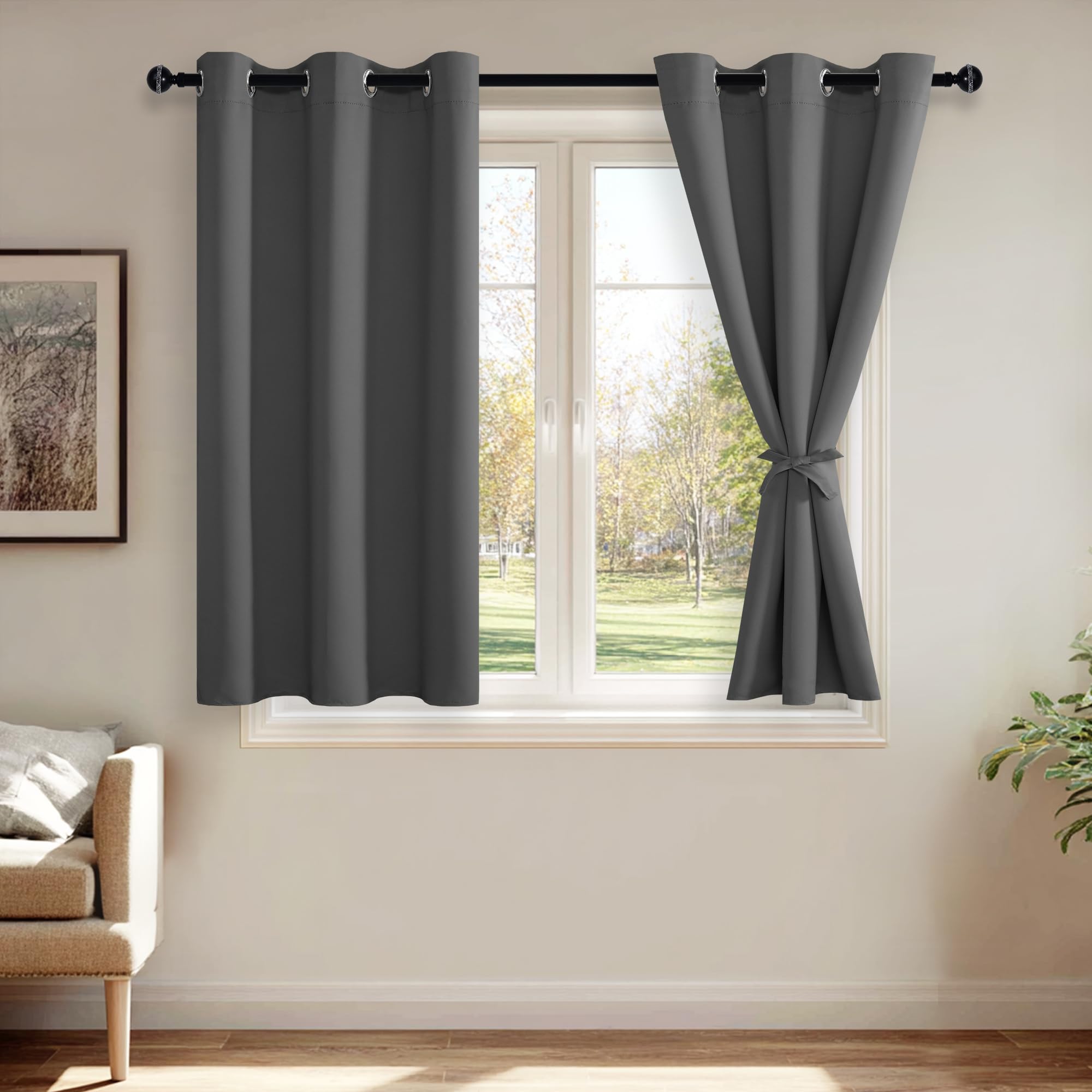 JIUZHEN Blackout Curtains with Tiebacks - Thermal Insulated, Light Blocking and Noise Reducing Grommet Curtain Drapes for Bedroom and Living Room, Set