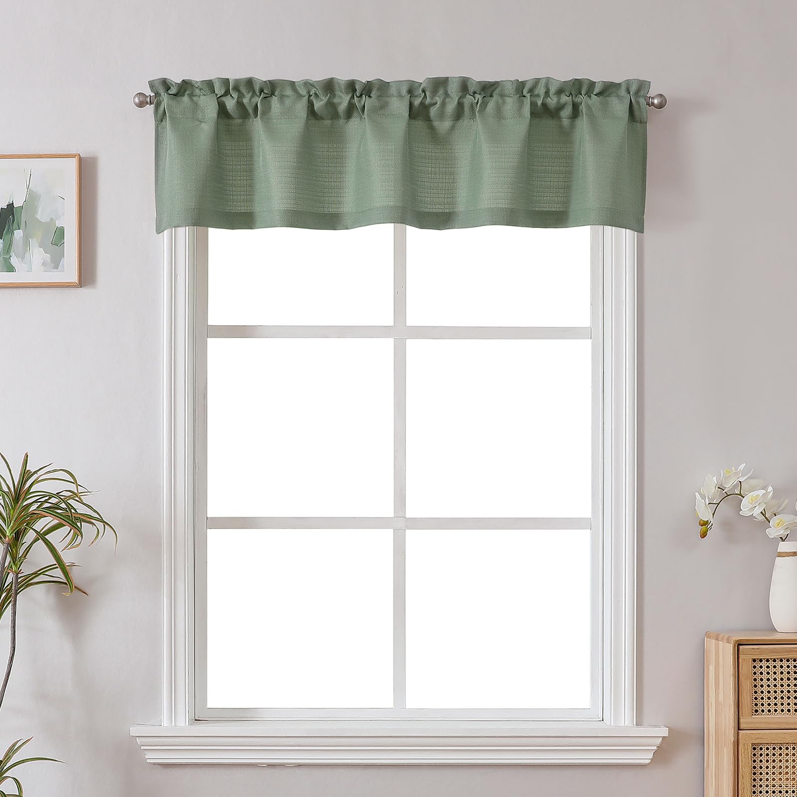 Chyhomenyc Sage Green Valance for Windows, Light Filtering Faux Linen Textured Semi Sheer Small Short Valance for Bathroom Laundry Basement, 60Wx12L inch, 1 Piece — image 1