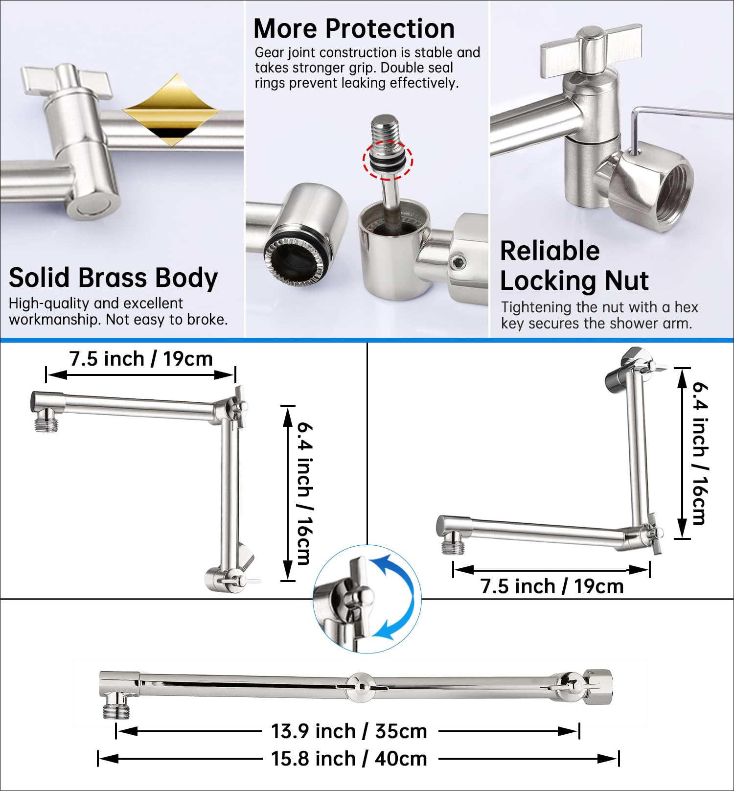G-Promise Alcachofa de ducha de lluvia de metal de 12 pulgadas con brazo de extensión ajustable de 15 pulgadas, cabezal de ducha de lluvia de alta presión, aspecto moderno de lujo, cuadrado grande