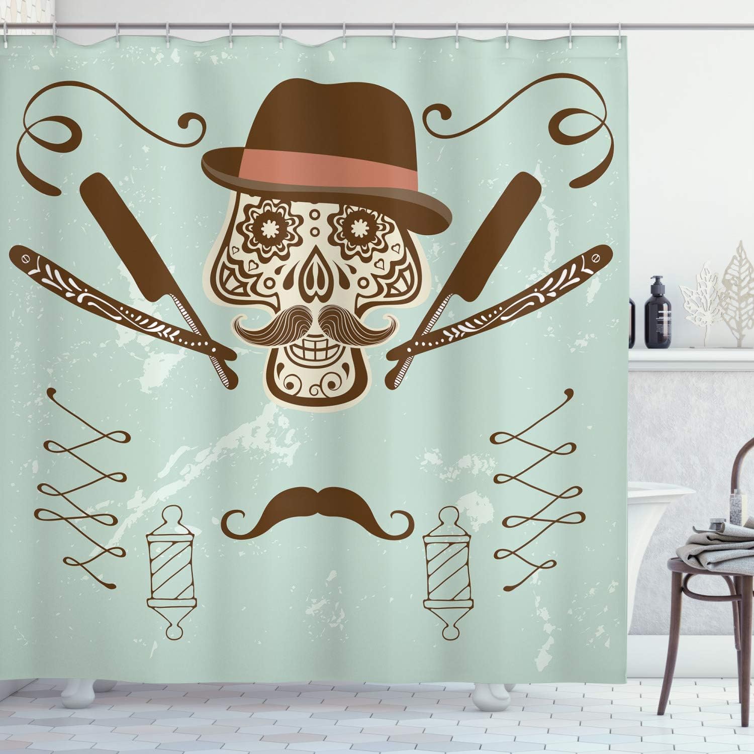 Ambesonne Hipster Shower Curtain, Skull with Hat and Mustache Illustration Retro Style Barber Tools Print, Cloth Fabric Bathroom Decor Set with Hooks, 69" W x 70" L, Green Brown