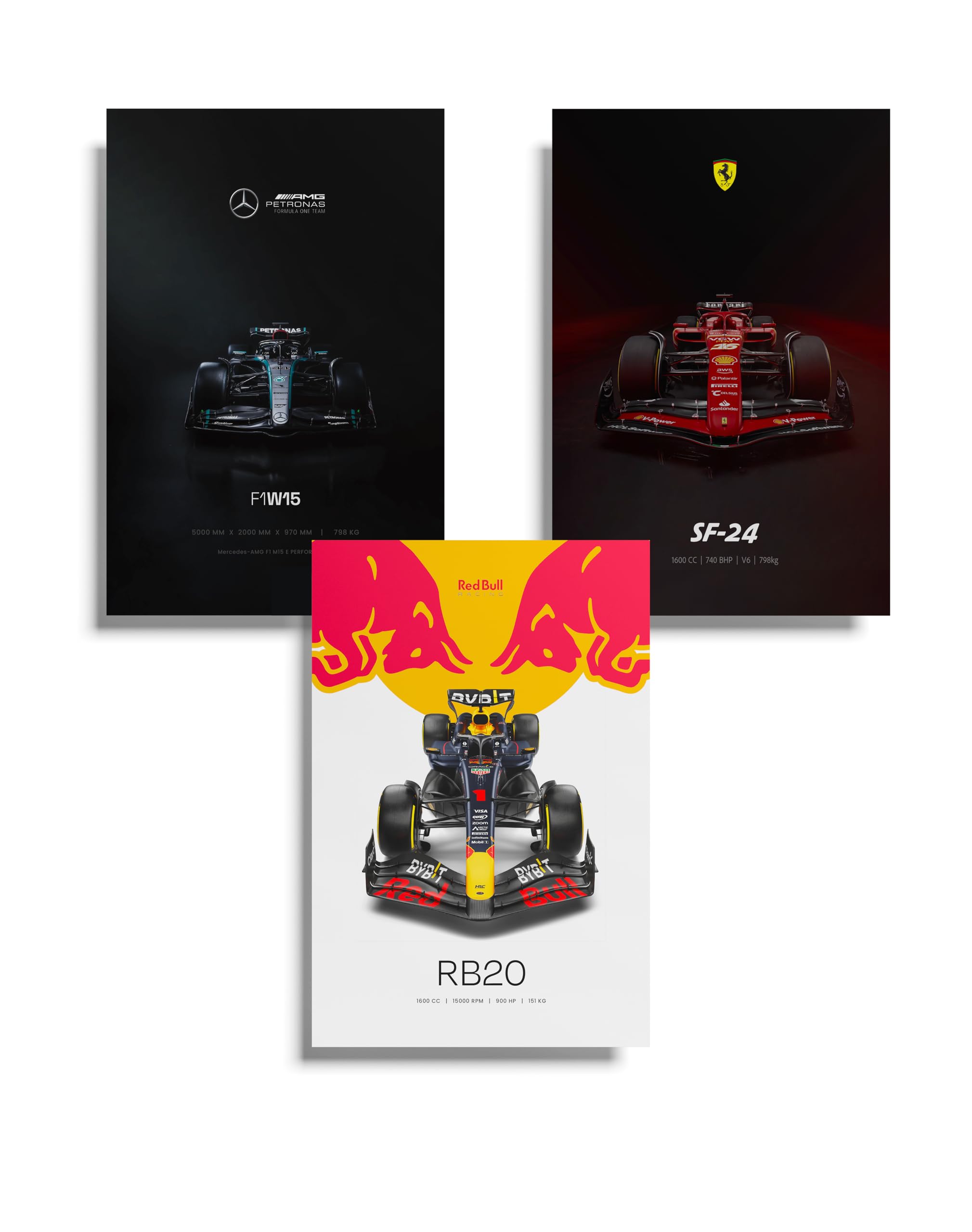 Formula 1 Teams Poster Set of 3 | Scuderia Ferrari, Mercedes AMG Petronas, Red Bull F1 Car | A3 | Unframed