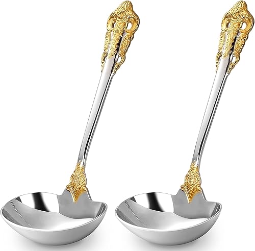 KEAWELL Cucharón de salsa de lujo, acero inoxidable 1810, acento dorado, cuchara de salsa pequeña para el hogar. Sólido y resistente, apto para