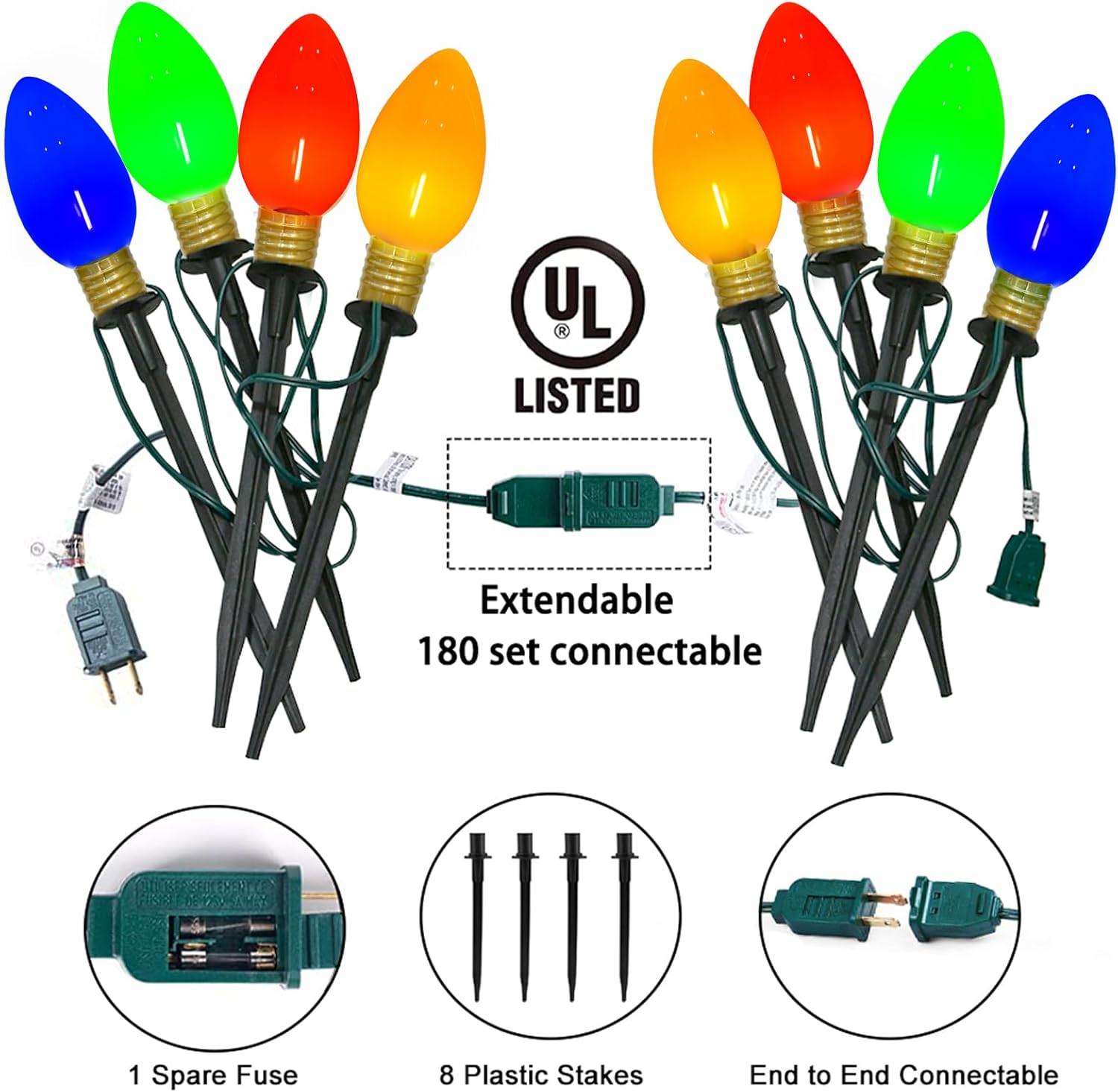Jumbo C9 Christmas Pathway Lights Outdoor, 14Ft Outdoor Xmas Decorations Stakes Lights with 8 LED Jumbo Multicolor Bulb Christmas Walkway Lights for Outside Lawn Yard Garden Sidewalk Holiday