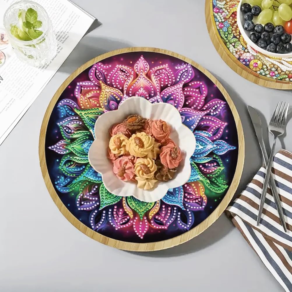 DIY Diamond Round Tray Diamond Art Painting Bamboo Table Decoration Tray, for Breakfast Bar Dinner Table for Beginner-Mandala-20
