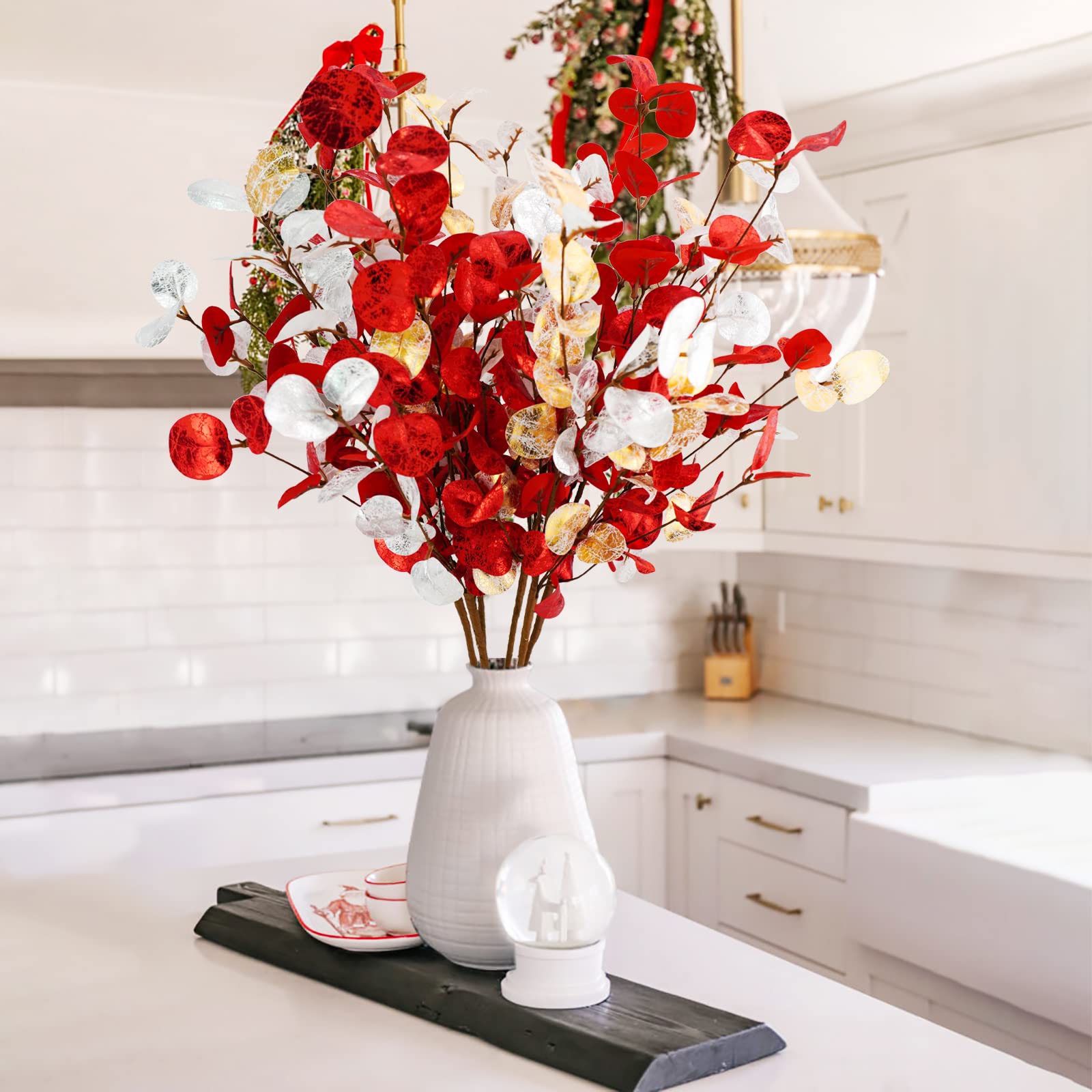 Agusbagli 6 Hojas de eucalipto Artificiales de 28 Pulgadas de Alto, Flores de Navidad, Tallos de Hojas Verdes, Decoraciones de Invierno para Vacaciones, árbol de Navidad, hogar, Boda, Acción de