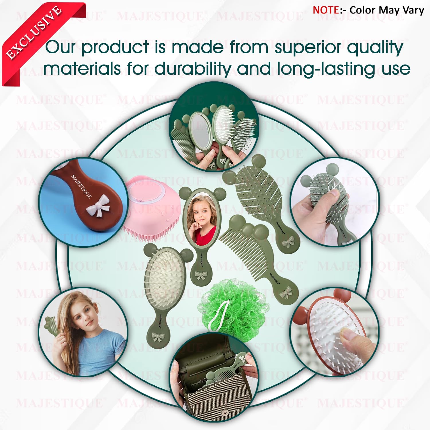MAJESTIQUE Baby Healthcare And Grooming Kit, Hair Brush, Comb, Face Mirror, Soft Loofah With Silicon Bathing Shampoo Dispenser, Baby Essentials Nursery Care Kit For Kids (Pack Of 6),Multicolor 4