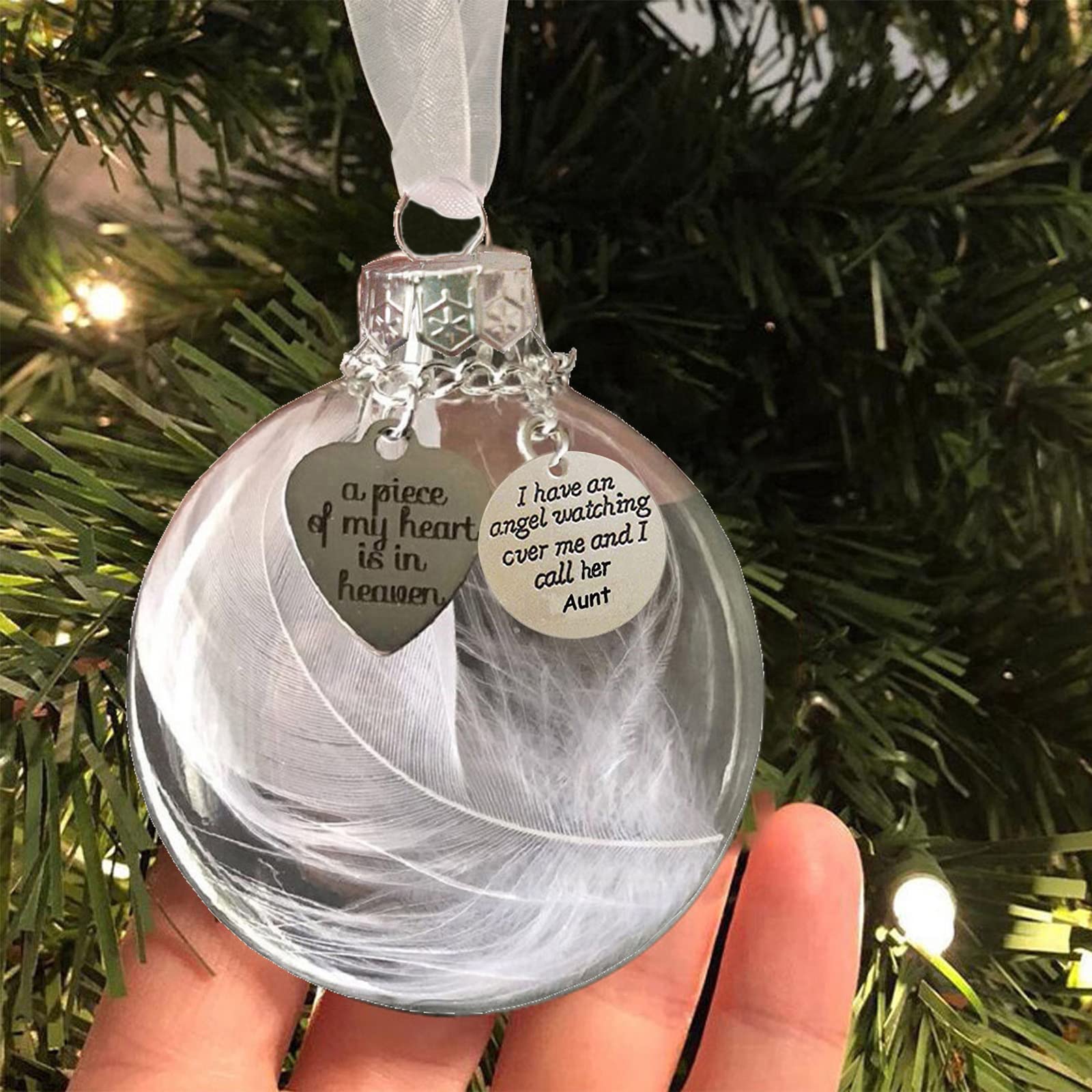 Christmas Memorial Ornament Feather Ball, A Piece of My Heart is in Heaven, Christmas Tree Remembrance Hanging Pendant Memorial Gifts for Loss of Aunt 2.4'' in Memory of Aunt Sympathy Gift