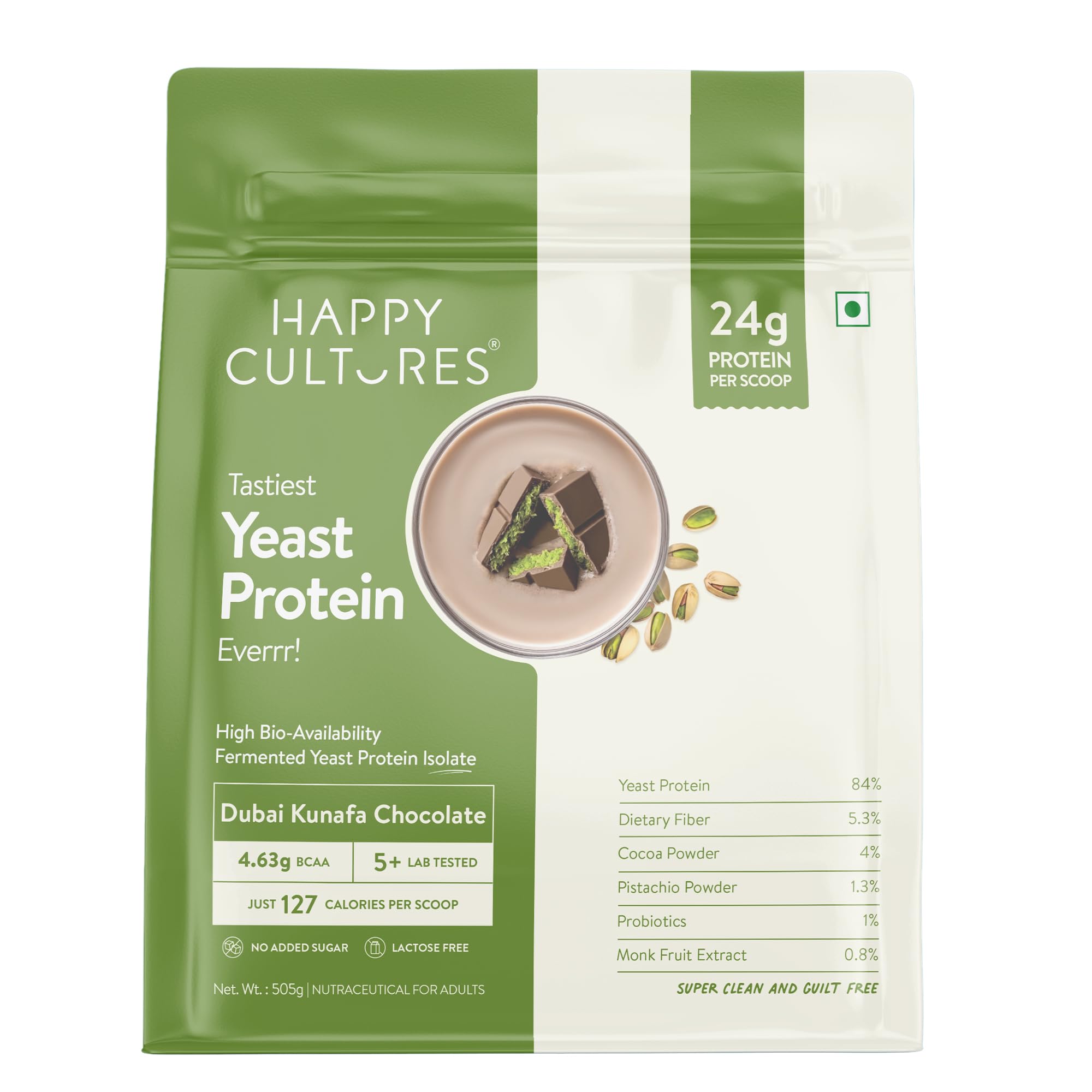 Happy Cultures Dubai Kunafa Chocolate Fermented Yeast Protein Isolate 505g |24g Protein|PDCAAS of 1|No Bloat, Heat-Stable | Has All 9 Essential Amino Acids-image-18