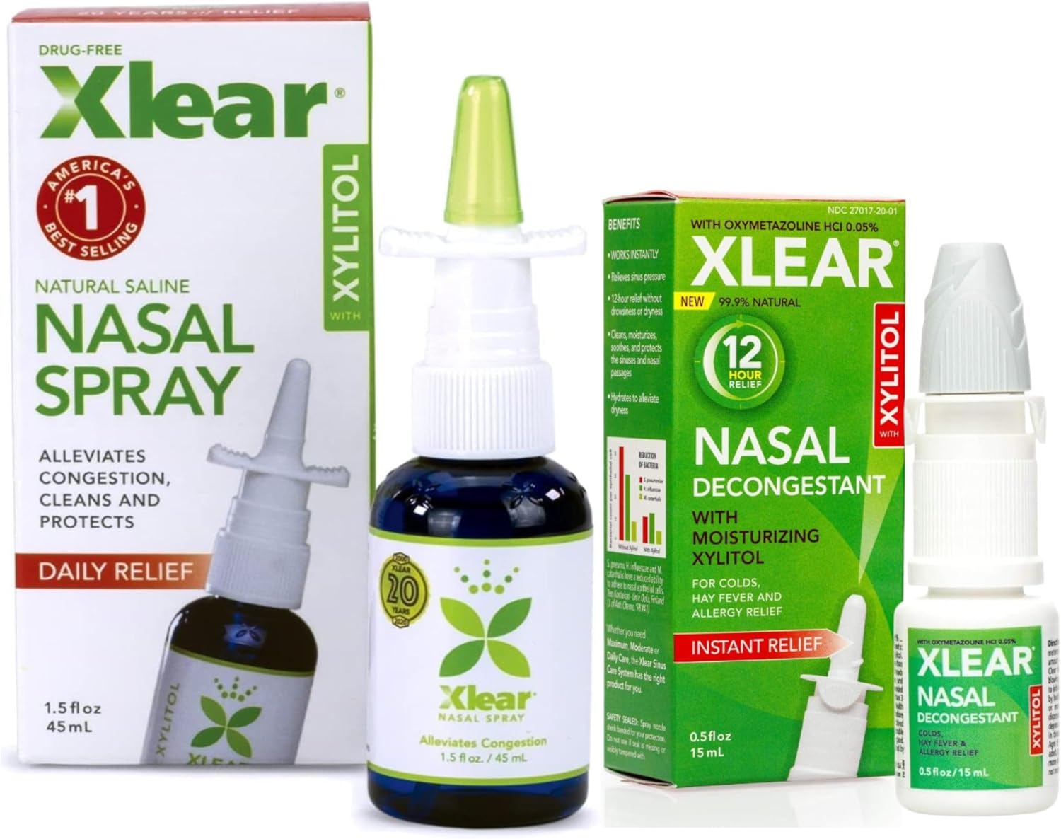Xlear Natural Xylitol Nasal Spray, Regular and Travel Size 12-Hour Nasal Decongestant Bundle, 1.5 fl oz & 0.5 fl oz (Pack of 2)