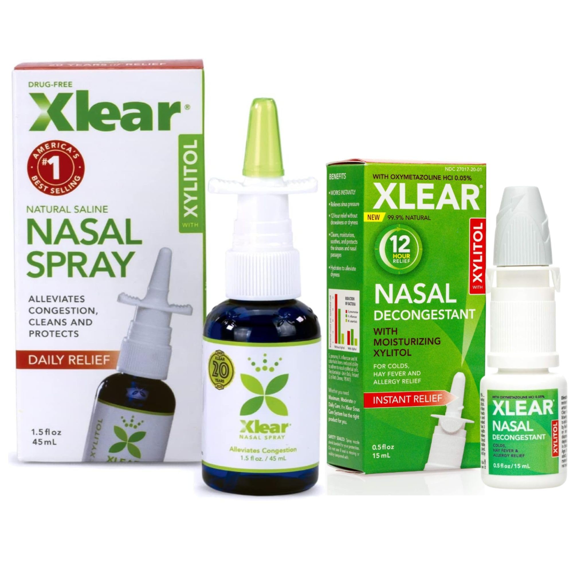 Xlear Natural Xylitol Nasal Spray, Regular and Travel Size 12-Hour Bundle, 45 ml & 0.5 fl oz (Pack of 2)