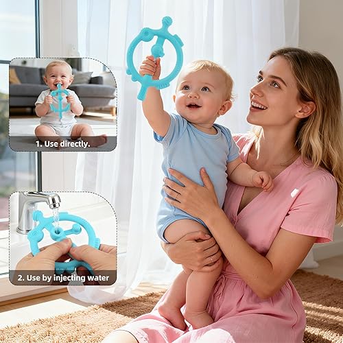 Miniatura 5 de Chuya Anillo de dentición refrescante, 8 texturas de masajes, juguetes rellenos de agua, juguete de silicona para bebés, juguete para el frío,