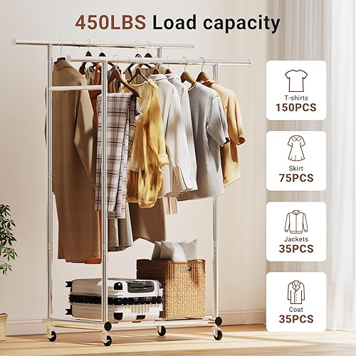 Miniatura 2 de TigerParty Perchero de doble barra para colgar ropa, perchero resistente de acero inoxidable resistente, perchero con ruedas para dormitorio,