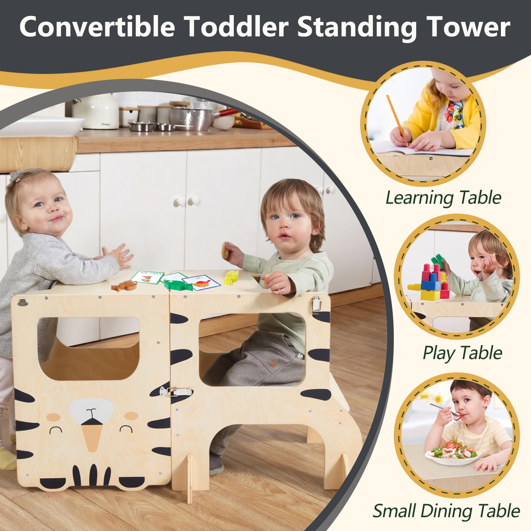 Torre da cucina per bambini, torre di apprendimento in piedi, 2 in 1, sgabello da cucina in legno nero con lavagna Montessori e Waldorf Helper per bambini in cucina
