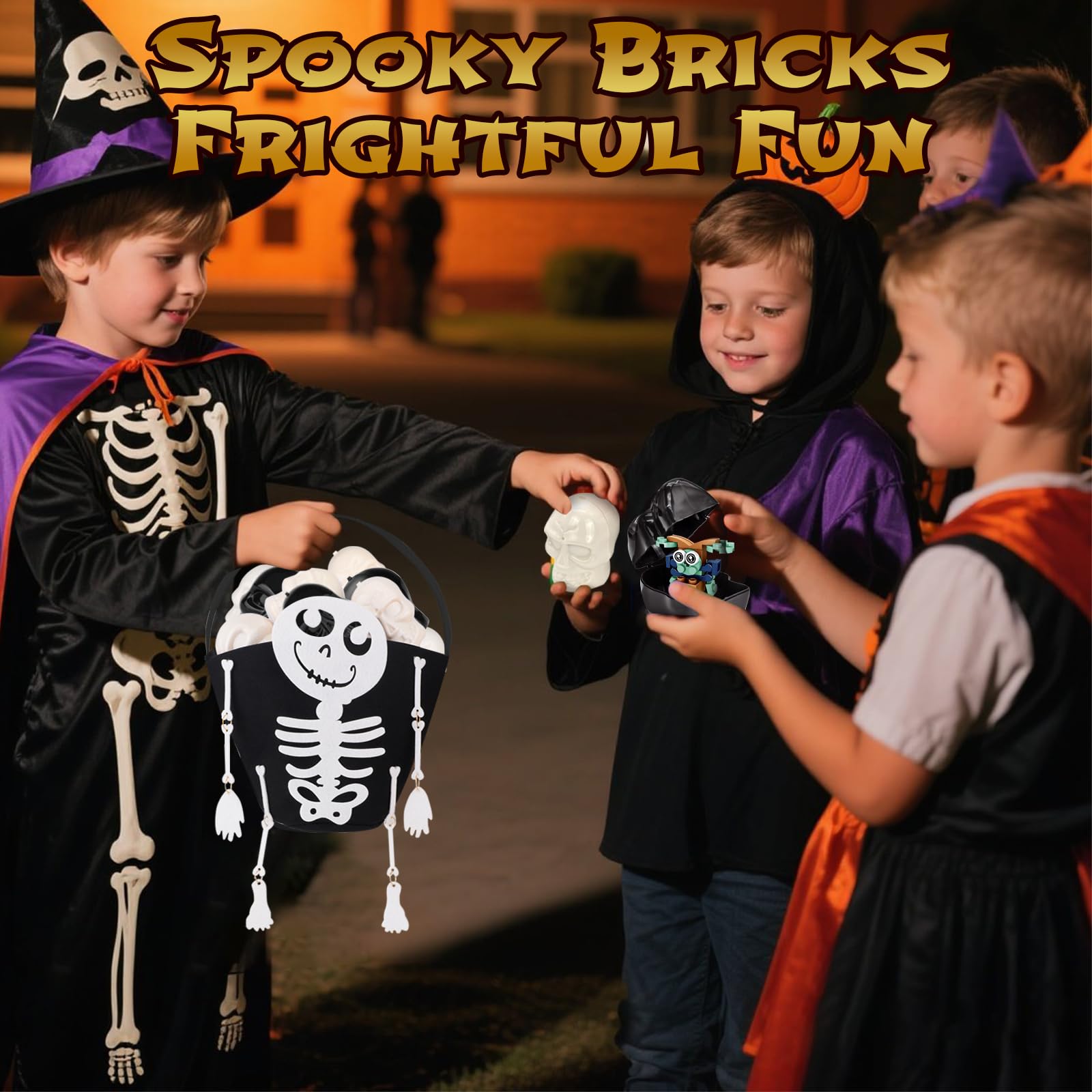 Own1one Halloween Mitgebsel Kinder, 12 Vorgefüllten Totenköpfen mit 12 2-in-1-Bausteine & 1 Tüte als Pinata Füllung, Trick or Treat Geschenke für Halloween Kindergeburtstag Party Kinder Gastgeschenke