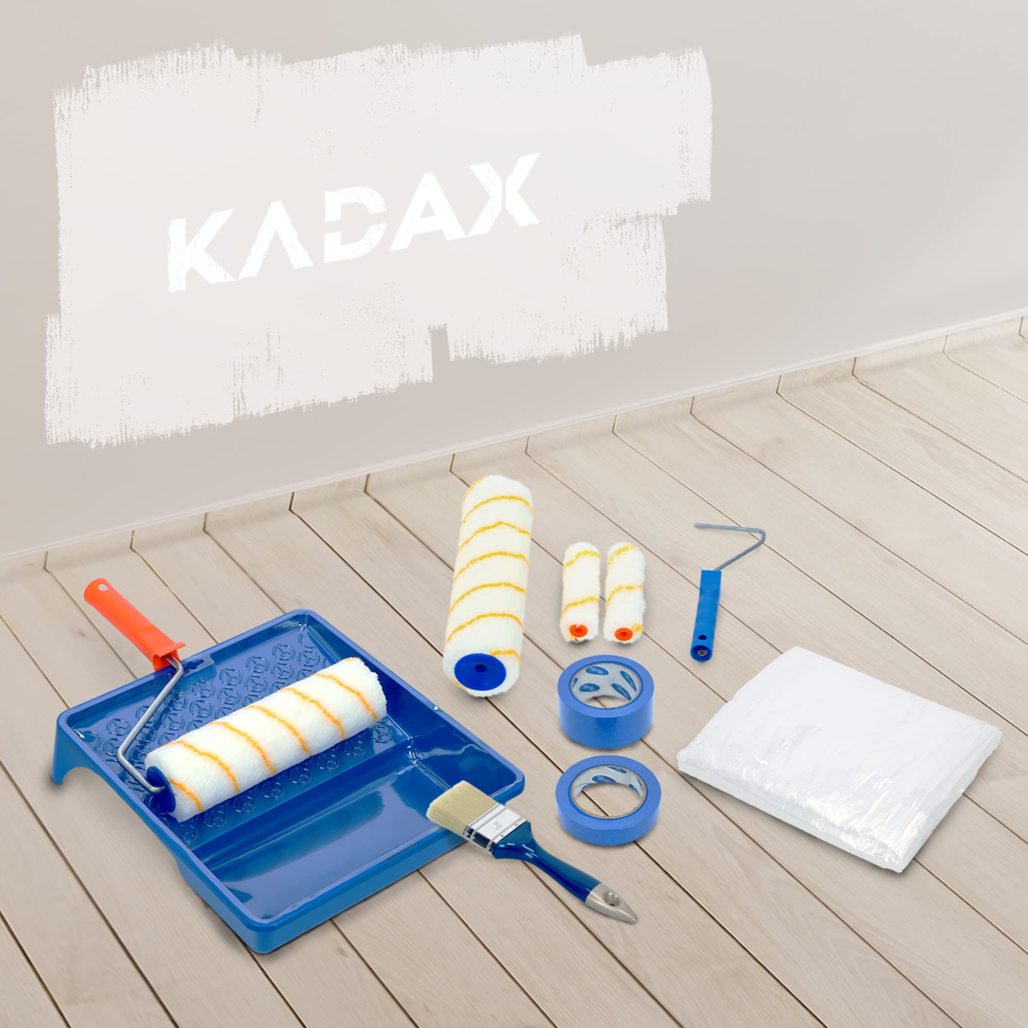 KADAX Juego de pintura de 13 piezas: 2 mangos de rodillo, 4 rodillos de pintura, 1 rejilla escurridora, 1 bandeja para escurridor, 1 lámina de pintura, 2 cintas y 2 pinceles (13 piezas).