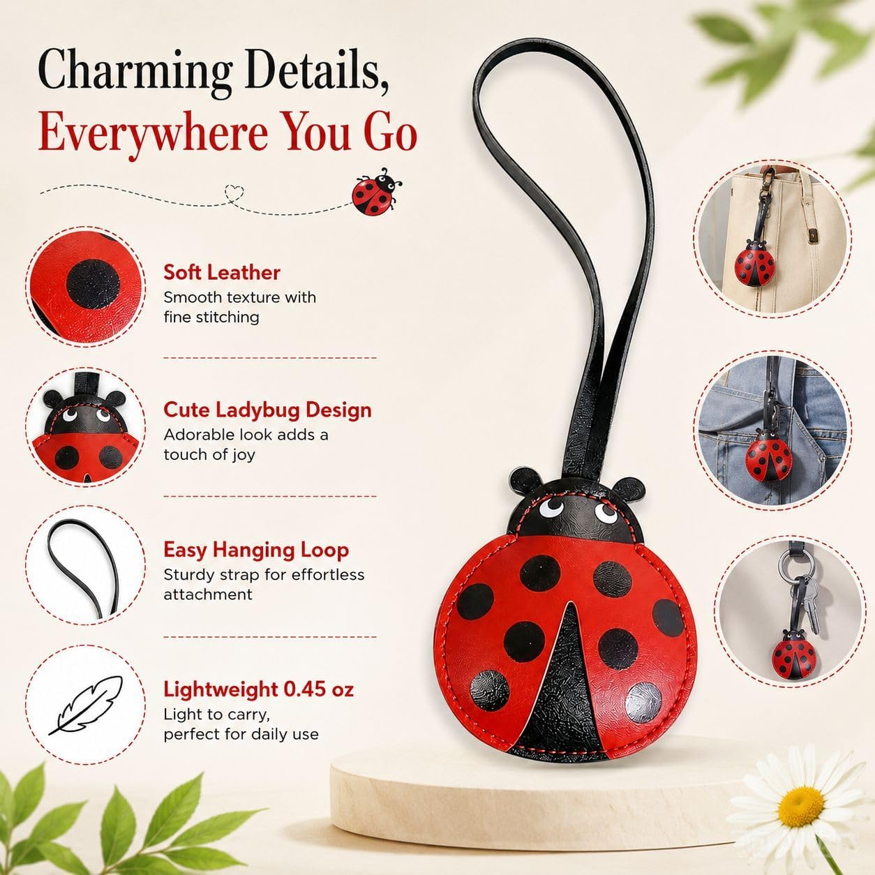 choice of all Ladybug Keychain Leather Bag Charm Cute Ladybug Purse Charm Backpack Accessory Aesthetic Gift for Women image 5