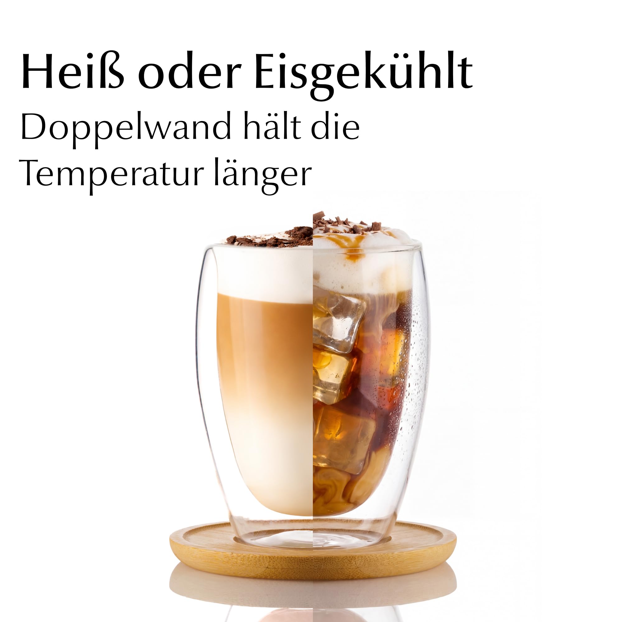 MIAMIO - Latte Macchiato Tassen/Doppelwandige Gläser Set 6er (350 ml) | Kaffeetassen ohne Henkel aus Glas, Thermogläser für Latte Macchiato, Tassen Set mit Untersetzern - spülmaschinenfest