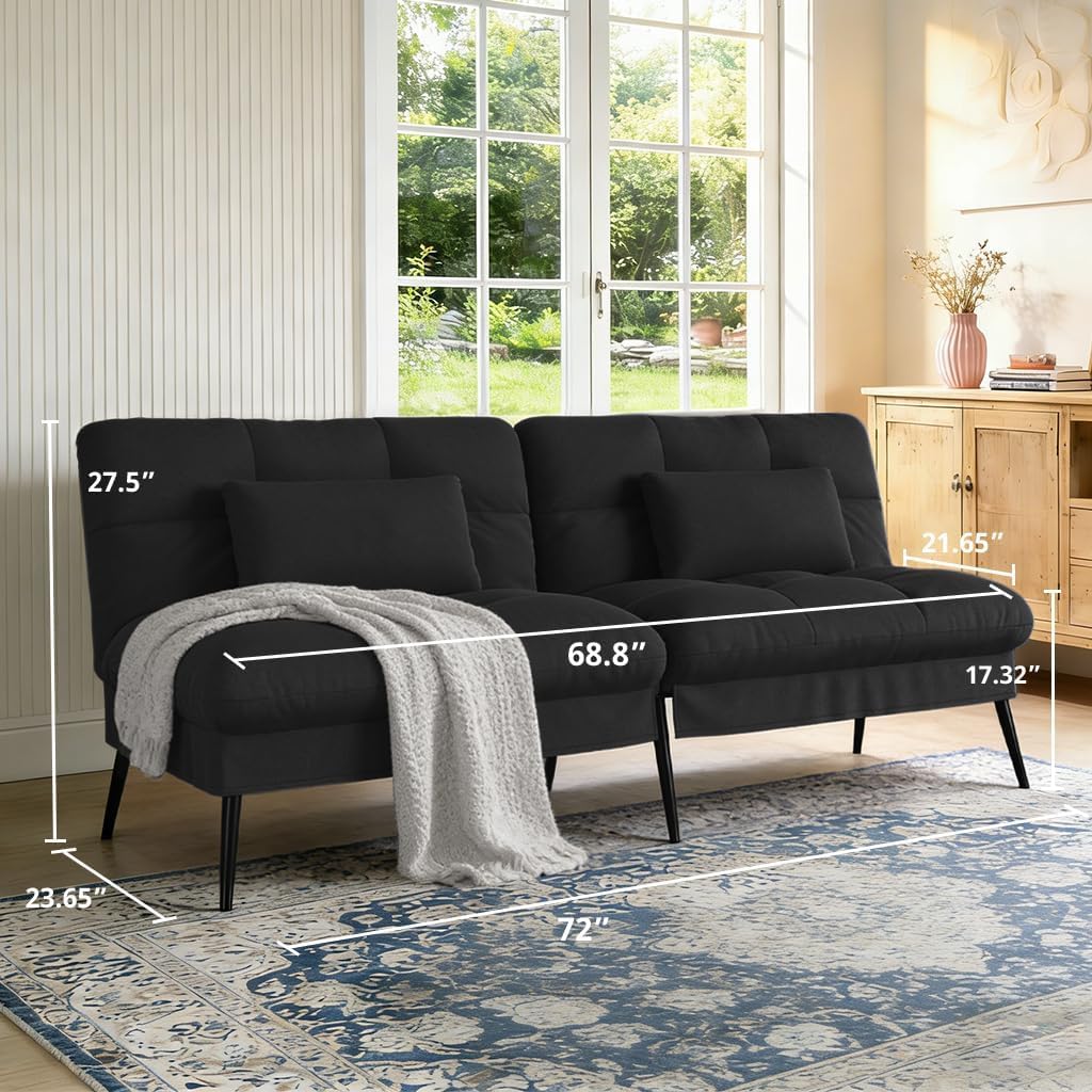 COMHOMA 72″ Futon Sofa Bed, Sleeper Sofa with Adjustable Backrest, Black | Convertible Fabric Futon Couch with Pillows,Upholstered Recliner Lounge,Multi-angle Loveseat,Living Room Furniture