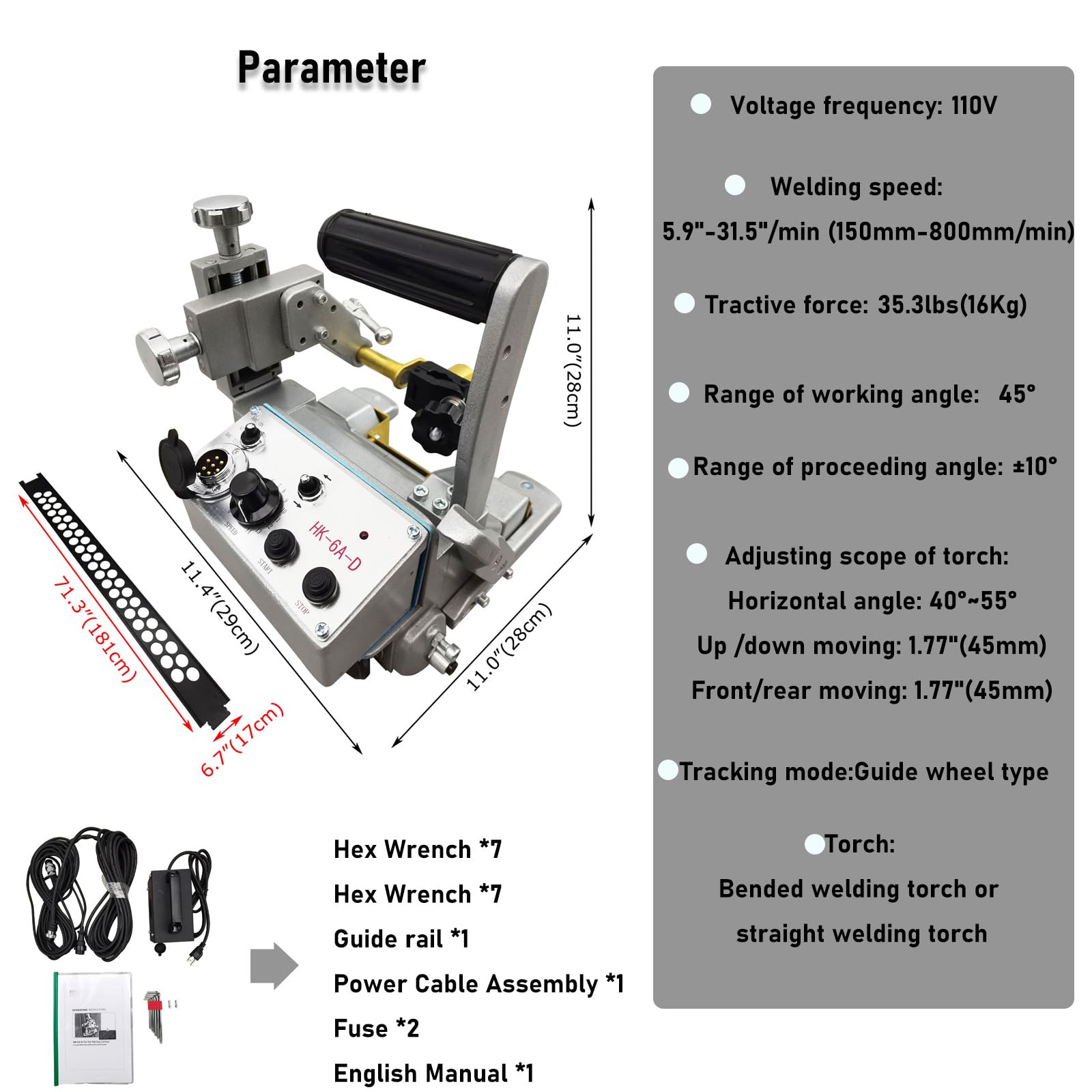 WYDDDARY Flat Rail Welding Carriage Portable Gas Welding Machine 40°~55° Angle Welder Welding Assist Trolley 5.9