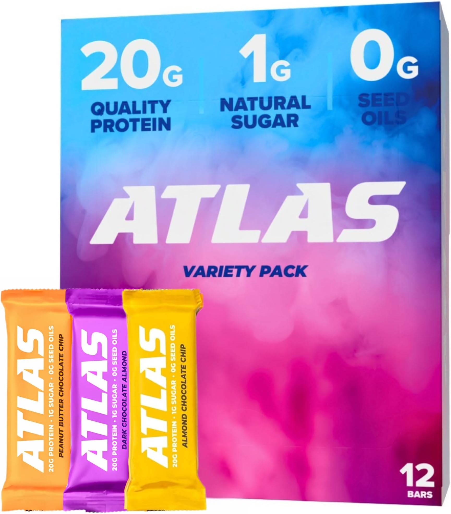Atlas Real Food Protein Bar – 20g Clean Protein, 1g Sugar, No Seed Oils, No Artificial Sweeteners (Variety, 12 Count)