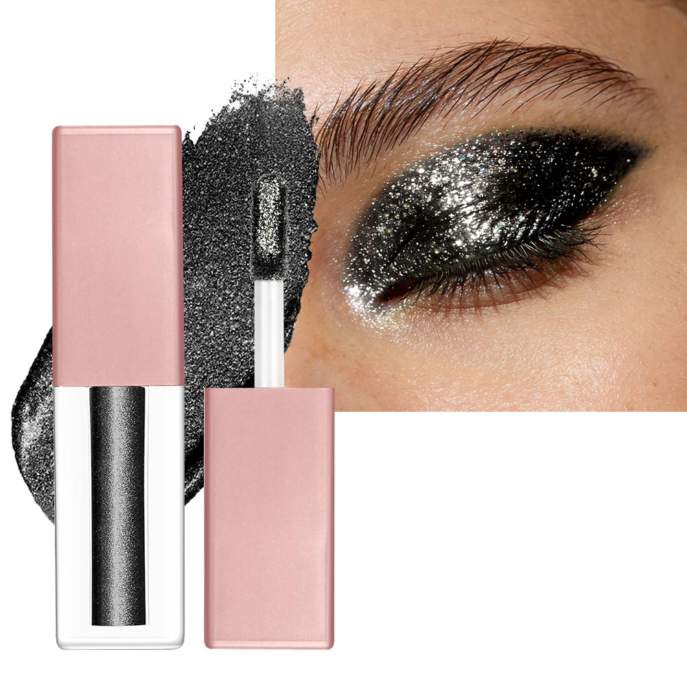 Sombra de Ojos liquida, Sombra de Ojos Liquida Negra, Eyeshadow Perlada Brillante, Somb-ra de Ojo-s Líqui-da Pigmentada Maquillaje, Resistente Agua, para Todos Los Tonos Piel, Negra — view 9