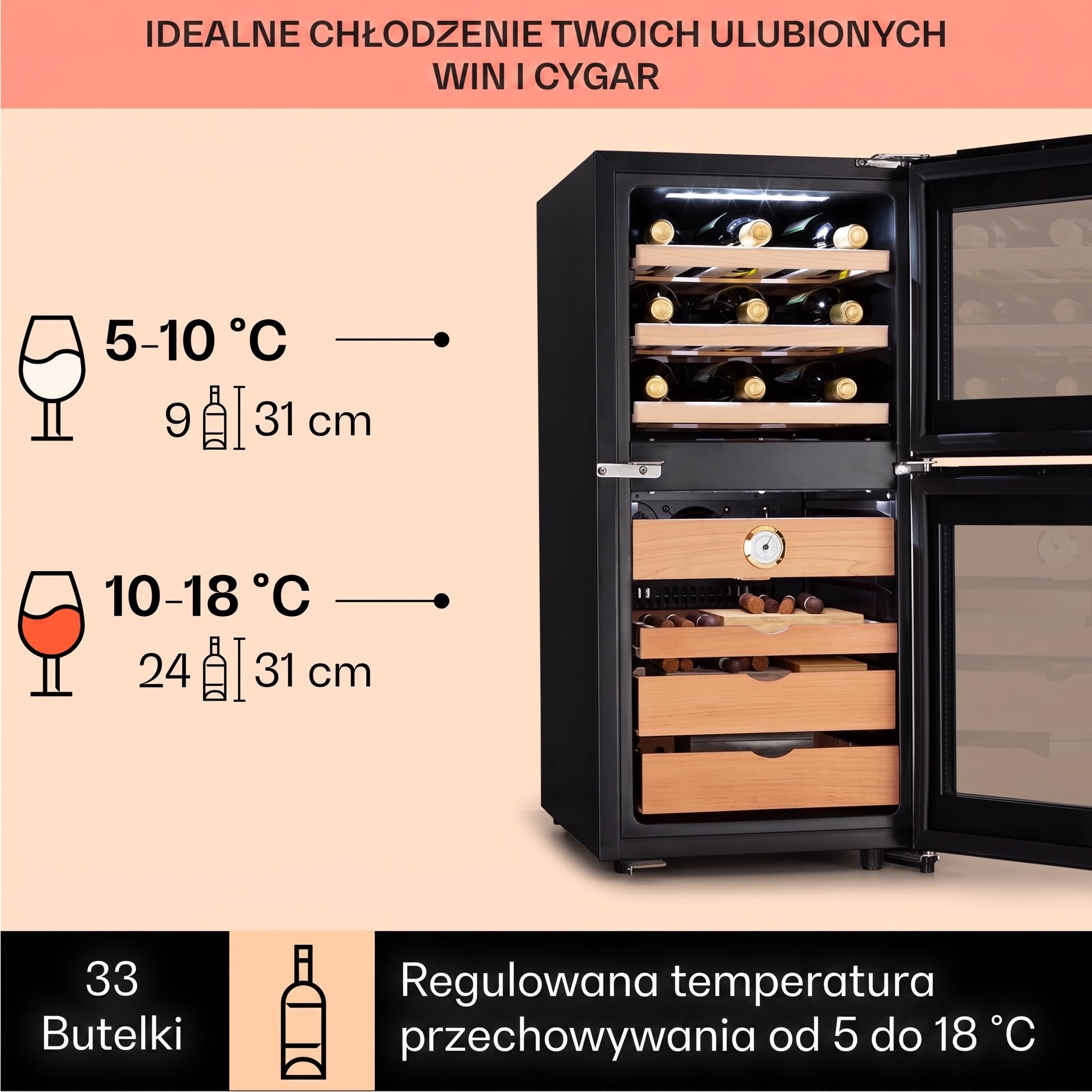 Klarstein Humidor i chłodziarka do wina, Szafka na wino i cygara, Lodówka na napoje i humidor na cygara, Wine Fridge z wyświetlaczem LED, Kontrola temperatury, Higrometr, 89L