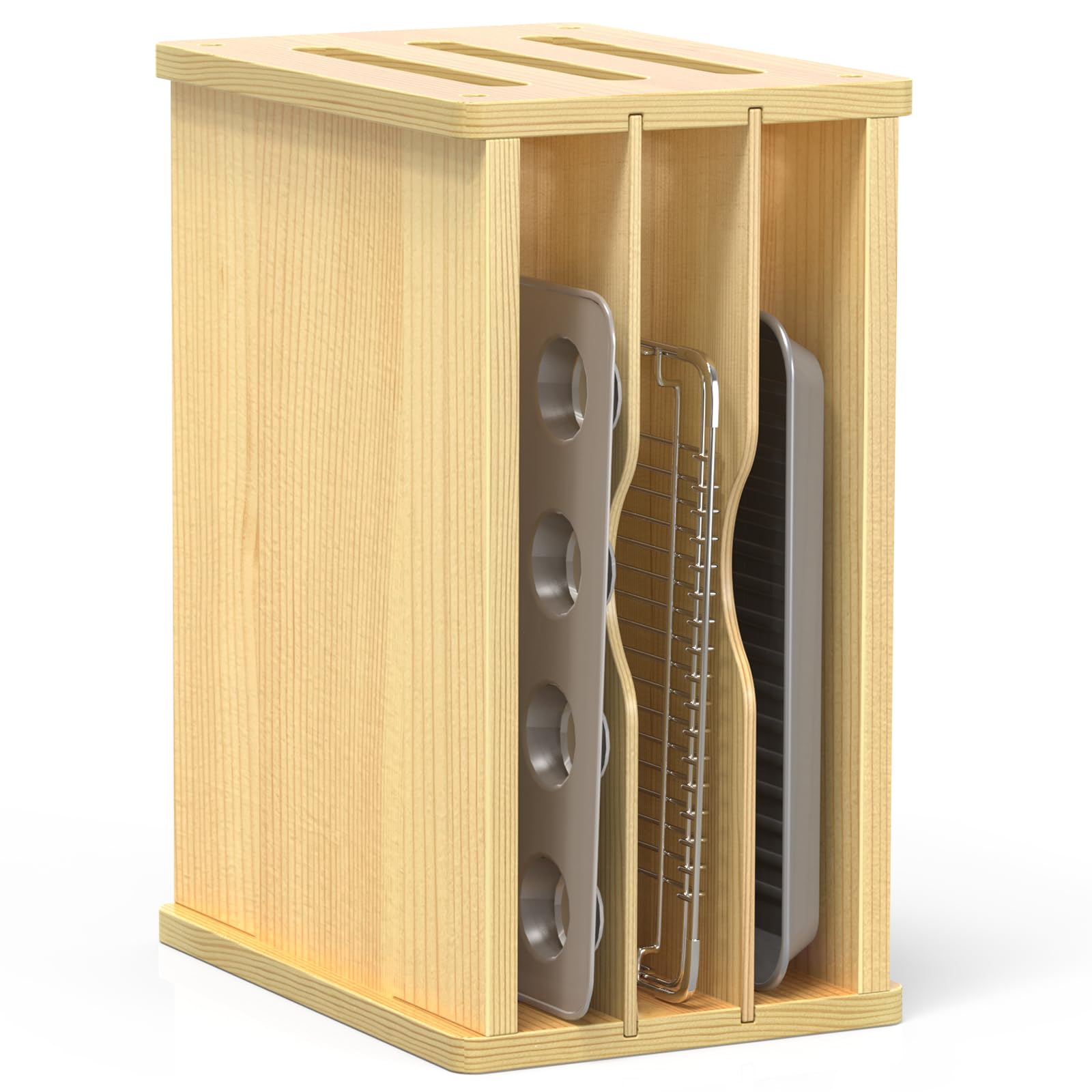 4-stöckige Holztabletts für Schränke, Küche, vertikaler Backblech-Organizer, Aufbewahrungspfannen, Backbleche, Schneidebrett