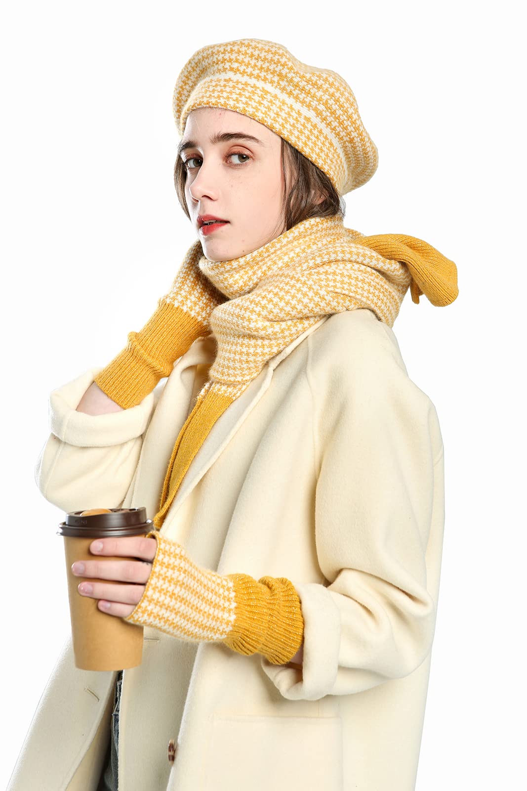 Dajingkj Baskenmütze für Damen, 3-teiliges Hut, Schal, Handschuhe, Set, Mädchen, Mode, fingerlose Handschuhe, Baumwolle, Winter-Geschenk-Set, gelb, Einheitsgröße