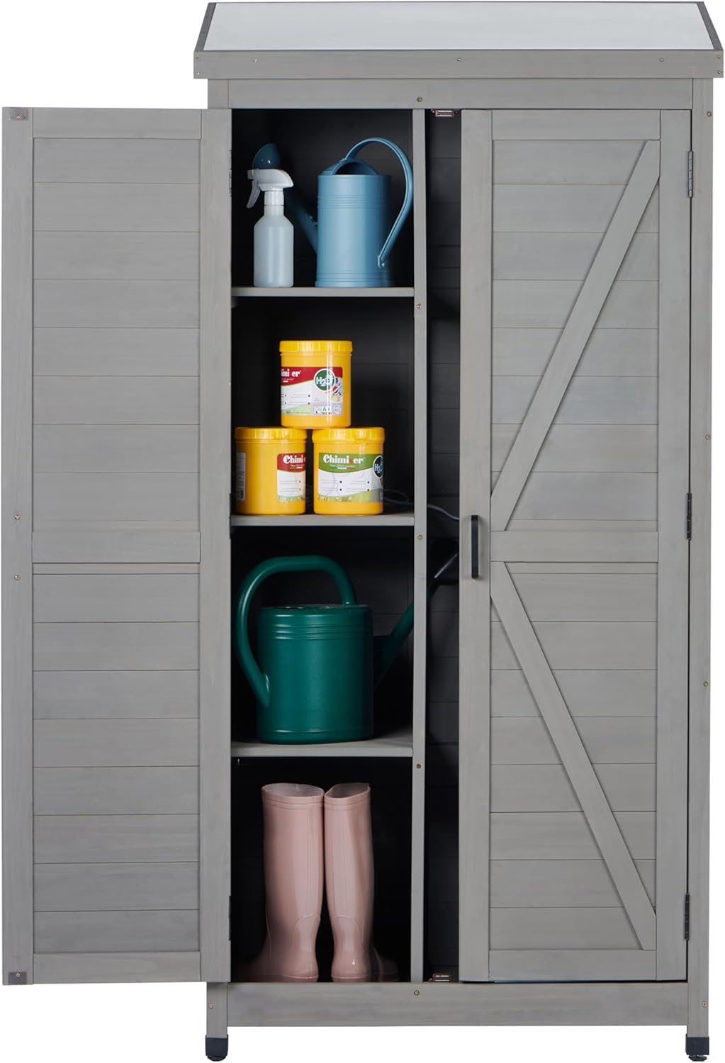 68''x33''x20'' Outdoor Wooden Storage Shed with Metal Top Tall Vertical Tool Cabinet for Backyard Garden Patio Lawn (Grey)