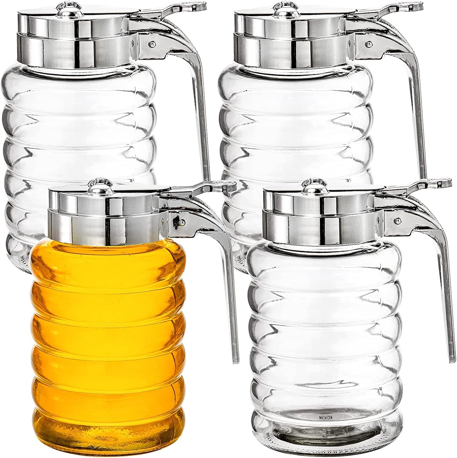 Hacaroa 4 Pack Glass Syrup Dispenser, 10 Oz Maple Syrup Pourer Container with Plastic Top, No Drip Honey Syrup Holder Dispenser Bottles for Honey, Syrup