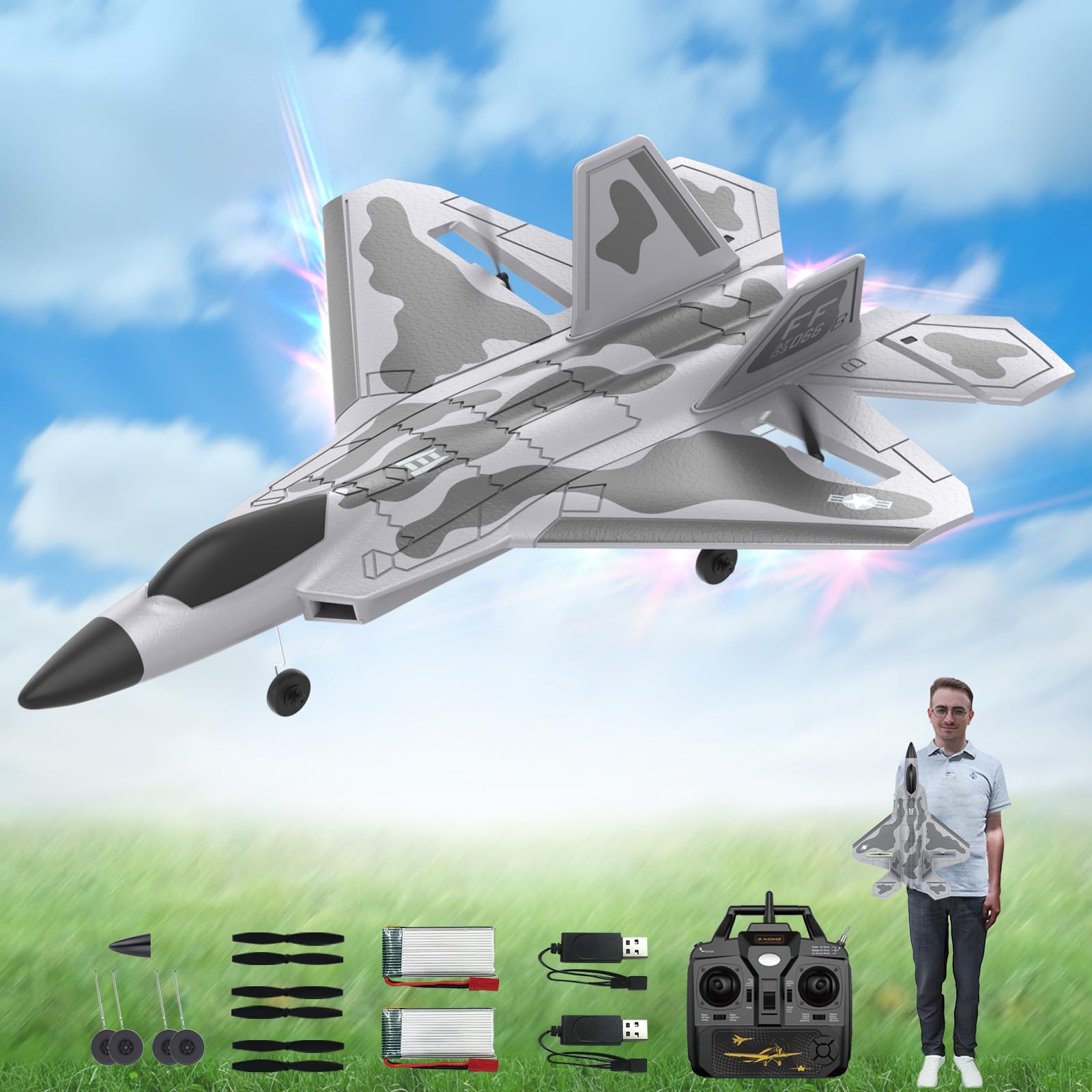 Avion Télécommandé F22 Raptor DEERC - 2 Canaux, Lumières LED, Stabilisation Gyroscopique 6 Axes, 2,4 GHz, 2 Batteries - En Mousse EPP Résistante, Pour Enfants Débutants, Portée 150m