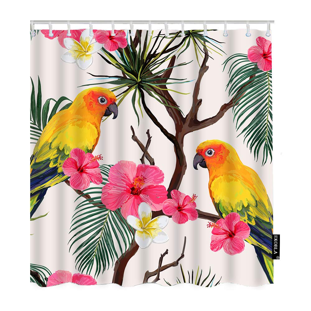 EKOBLA Parrot Shower Curtain Hibiscus Tropical Palm Leaves Summer Floral Bird Jungle Botanical Exotic Waterproof Wrinkle-Resistant Shower Curtain for Bathroom Polyester Fibre 72x72 Inch(180x180cm)