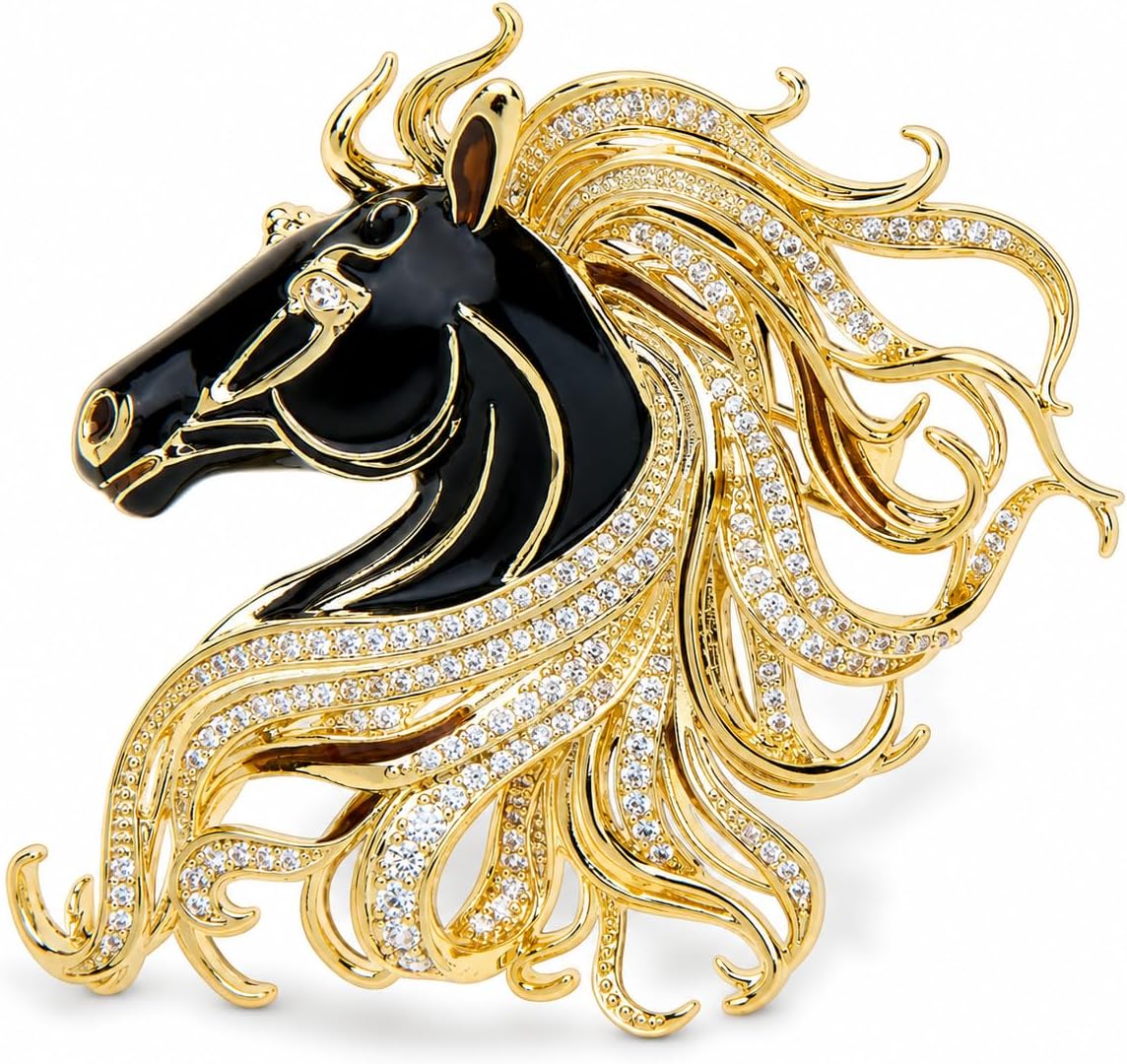 Horse Head Brooch Pin for Men, Cubic Zirconia Animal Brooch, Gold Tone Lapel Pin Statement Jewelry with Gift Box